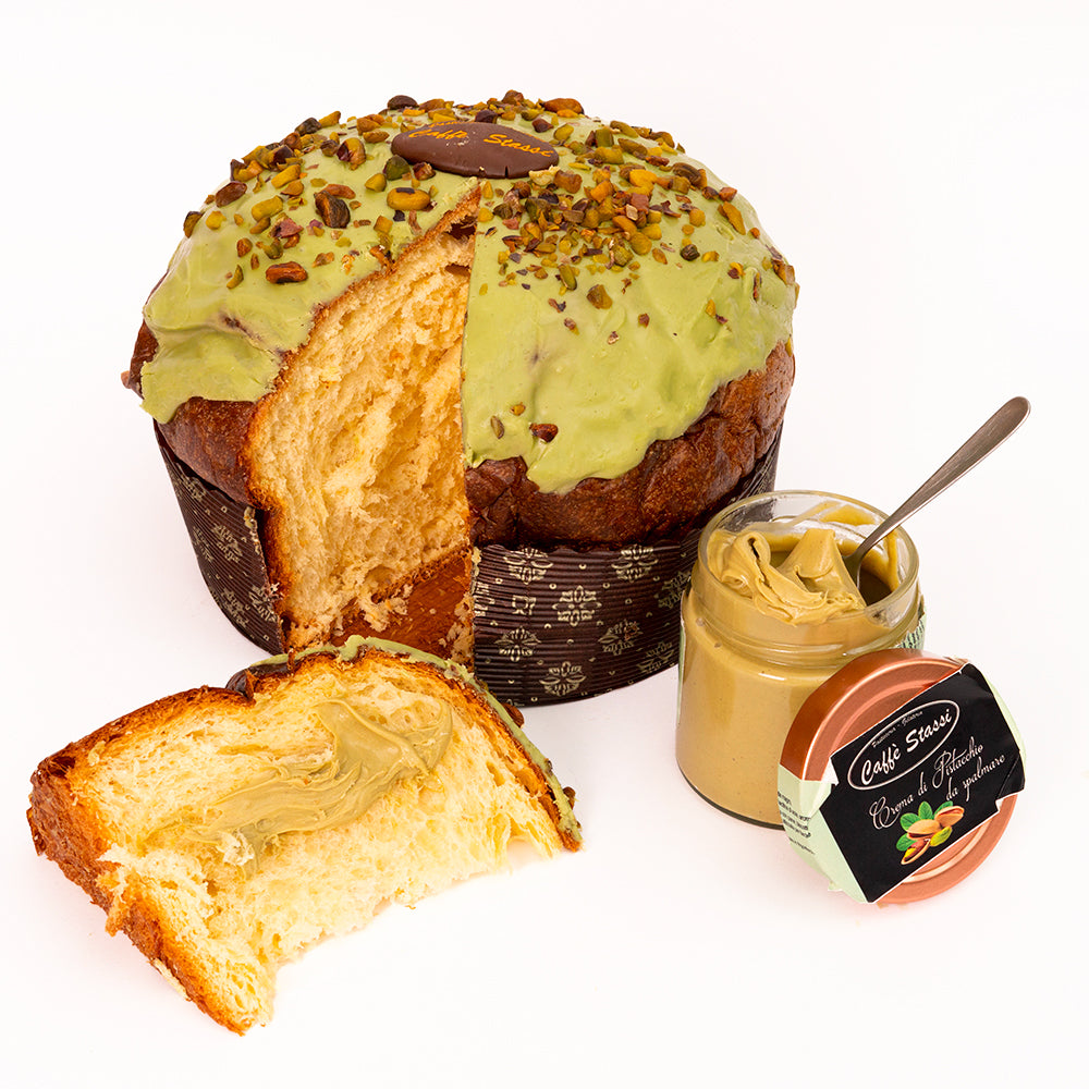 Panettone Artigianale Pistacchio Sicilia dolce natalizio con glassa al pistacchio e granella - DeMatteis.it