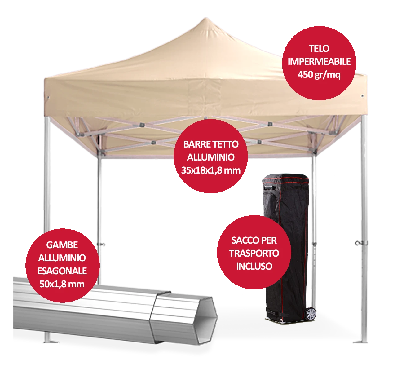 Gazebo Pieghevole 4x4 M in Alluminio Pro50 - Beige Con Custodia