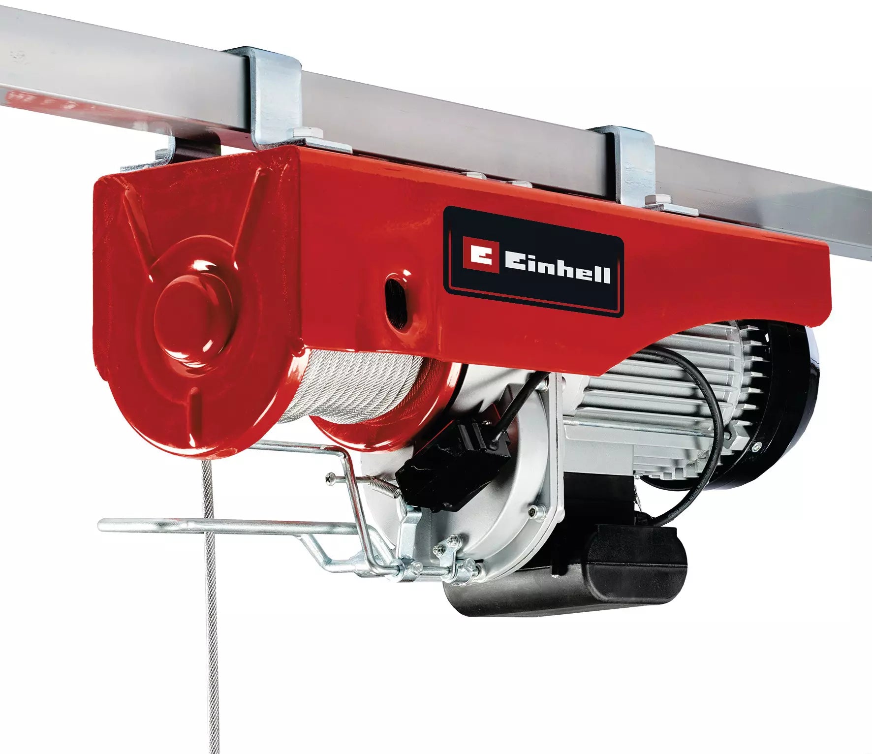 Paranco elettrico TC-EH 1000 Einhell con struttura in metallo rosso, dotato di cavo in acciaio da 18 metri e potente motore da 1600W per sollevare carichi fino a 999 kg in totale sicurezza. | Dematteis.it