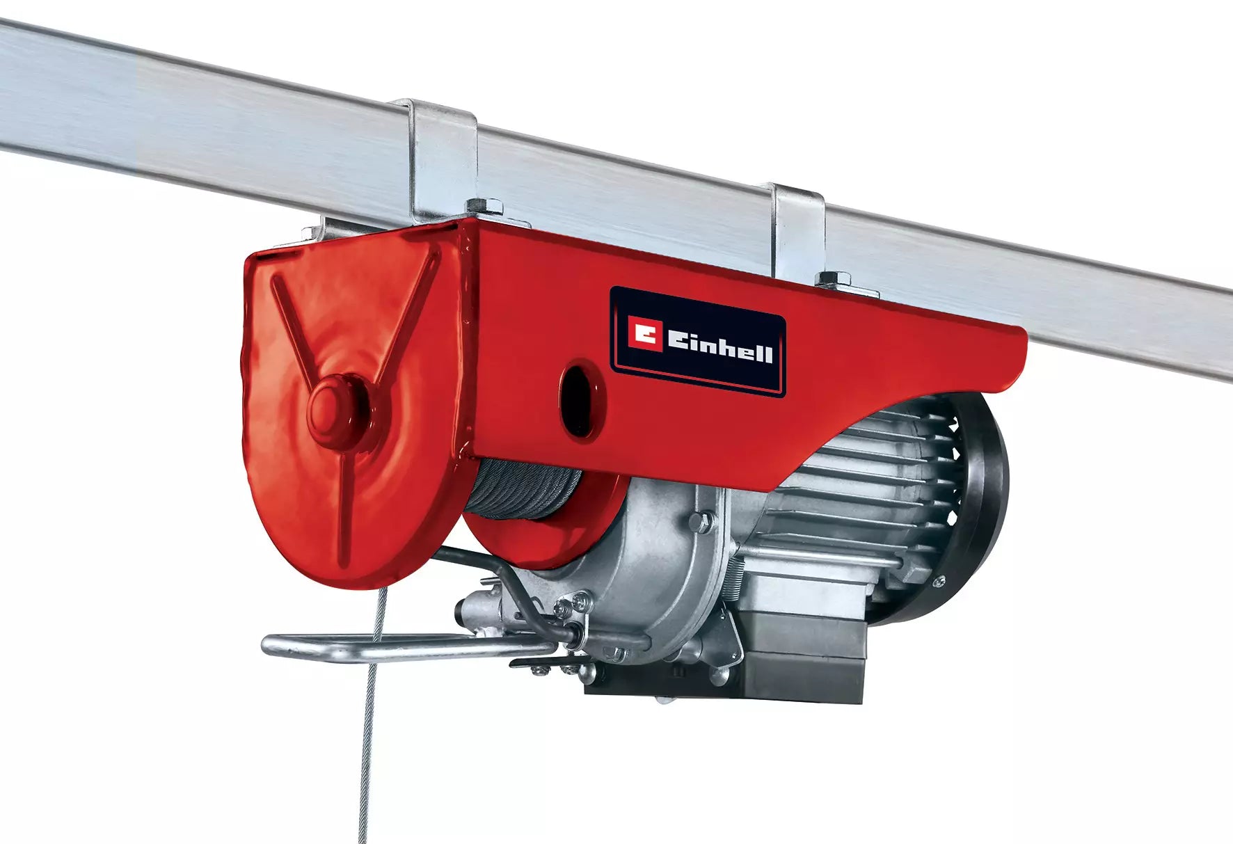 Paranco elettrico TC-EH 250-18 Einhell con struttura robusta in metallo rosso, gancio di sollevamento e sistema di sicurezza integrato per carichi fino a 250 kg e altezza massima di 18 metri. | Dematteis.it