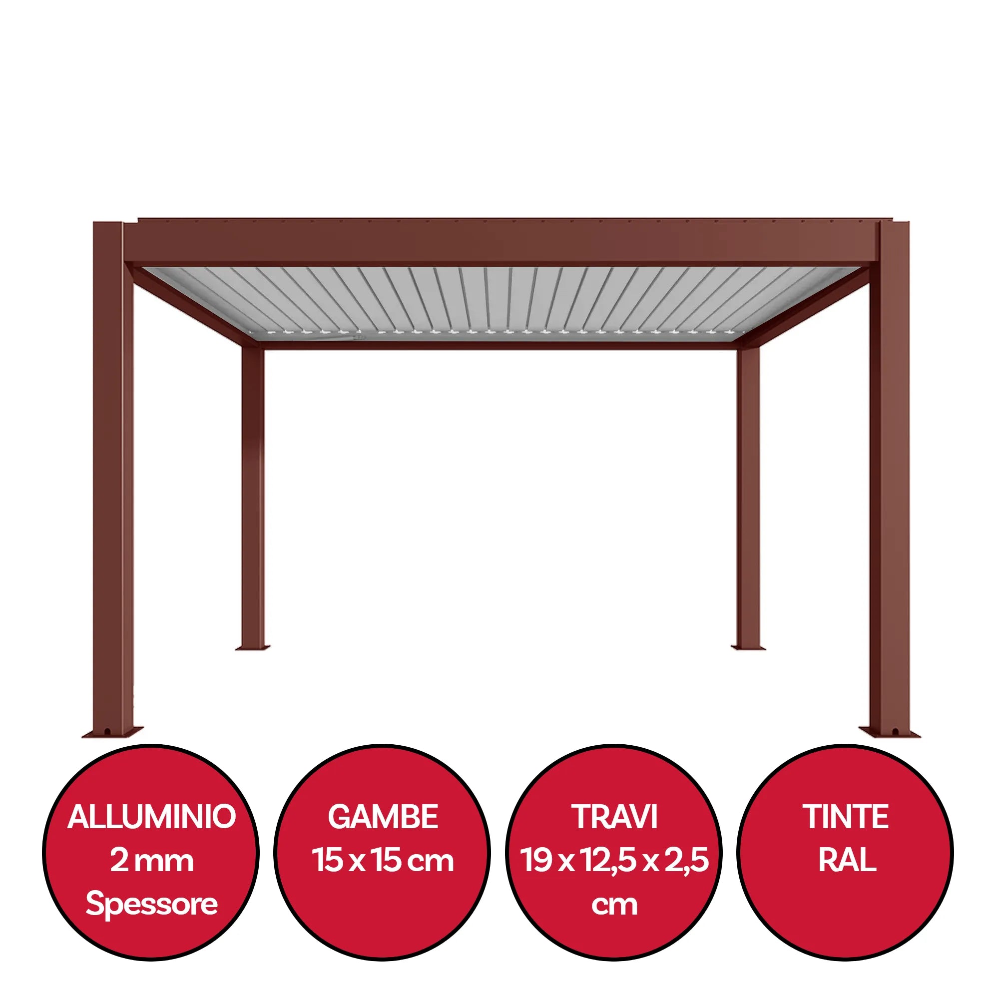 Pergola bioclimatica autoportante con struttura in alluminio spessore 2mm, lamelle orientabili, e colore da personalizzare specifiche tecniche evidenziate: pilastrini 15x15cm, travi 19x12,5x2,5cm, personalizzazione colori RAL completa | DeMatteis.it