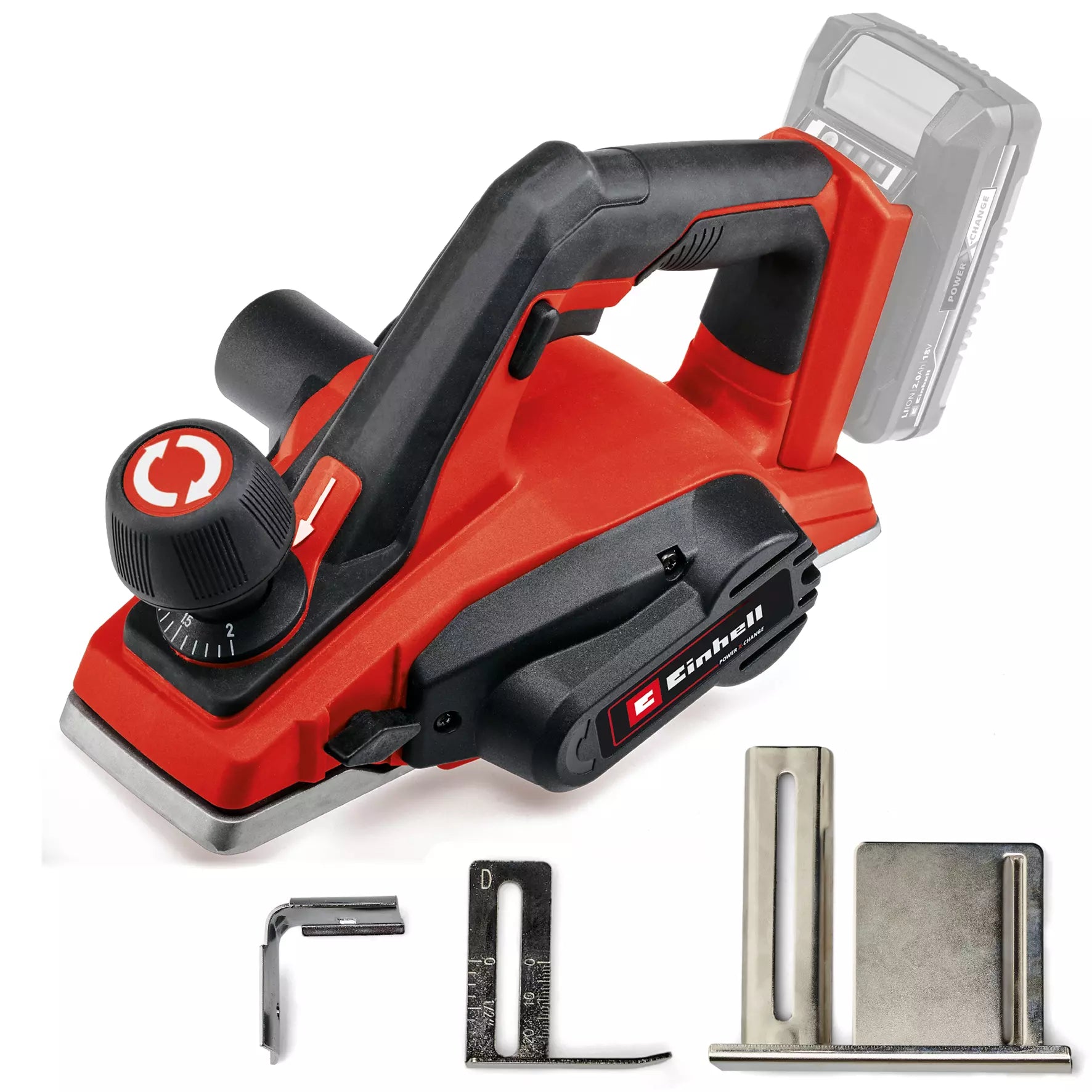 Pialletto TE PL 18/82 Li Einhell rosso e nero con platorello in alluminio, impugnatura ergonomica e manopola di regolazione. Pialletto a batteria Power X-Change per lavorazione professionale del legno. | Dematteis.it