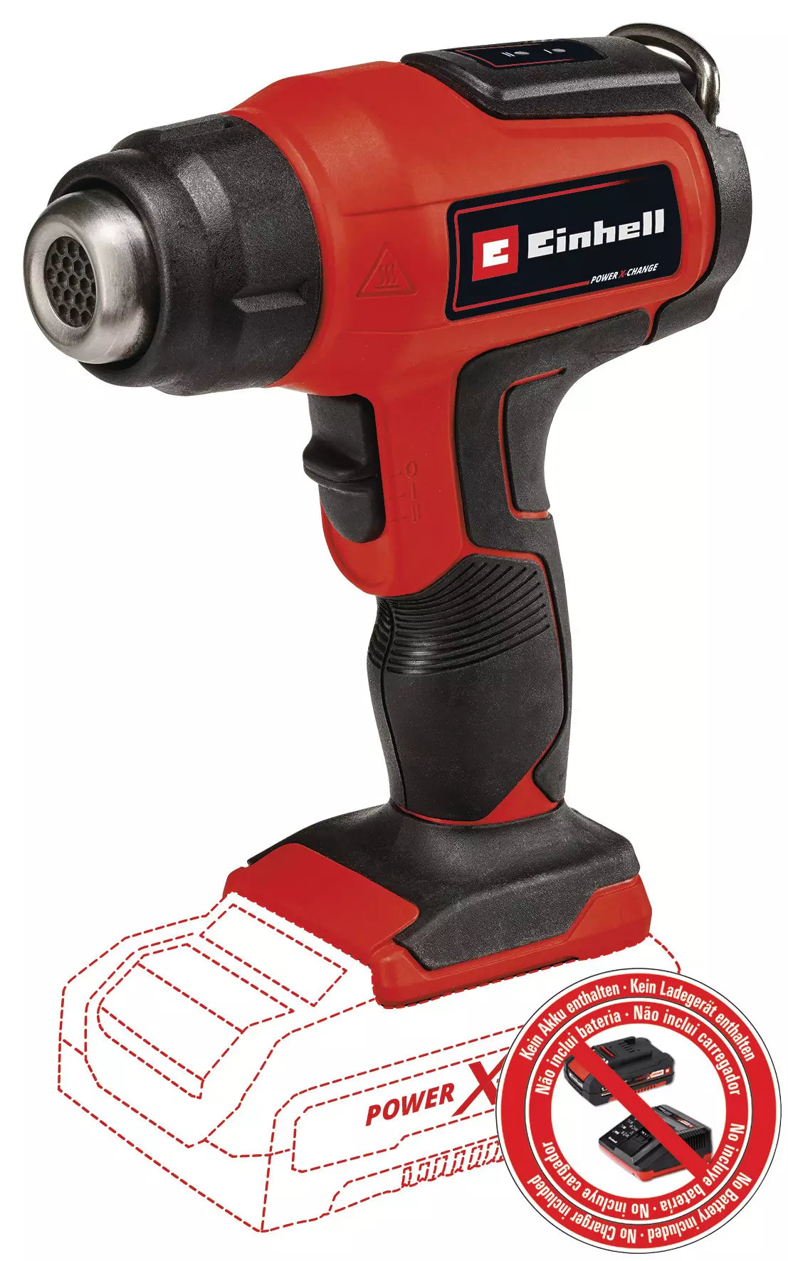 Pistola ad aria calda TE HA 18 Li di Einhell, parte della famiglia Power X-Change, con impugnatura ergonomica, doppio livello di temperatura e tre bocchette intercambiabili per massima versatilità nei lavori fai-da-te. | Dematteis.it
