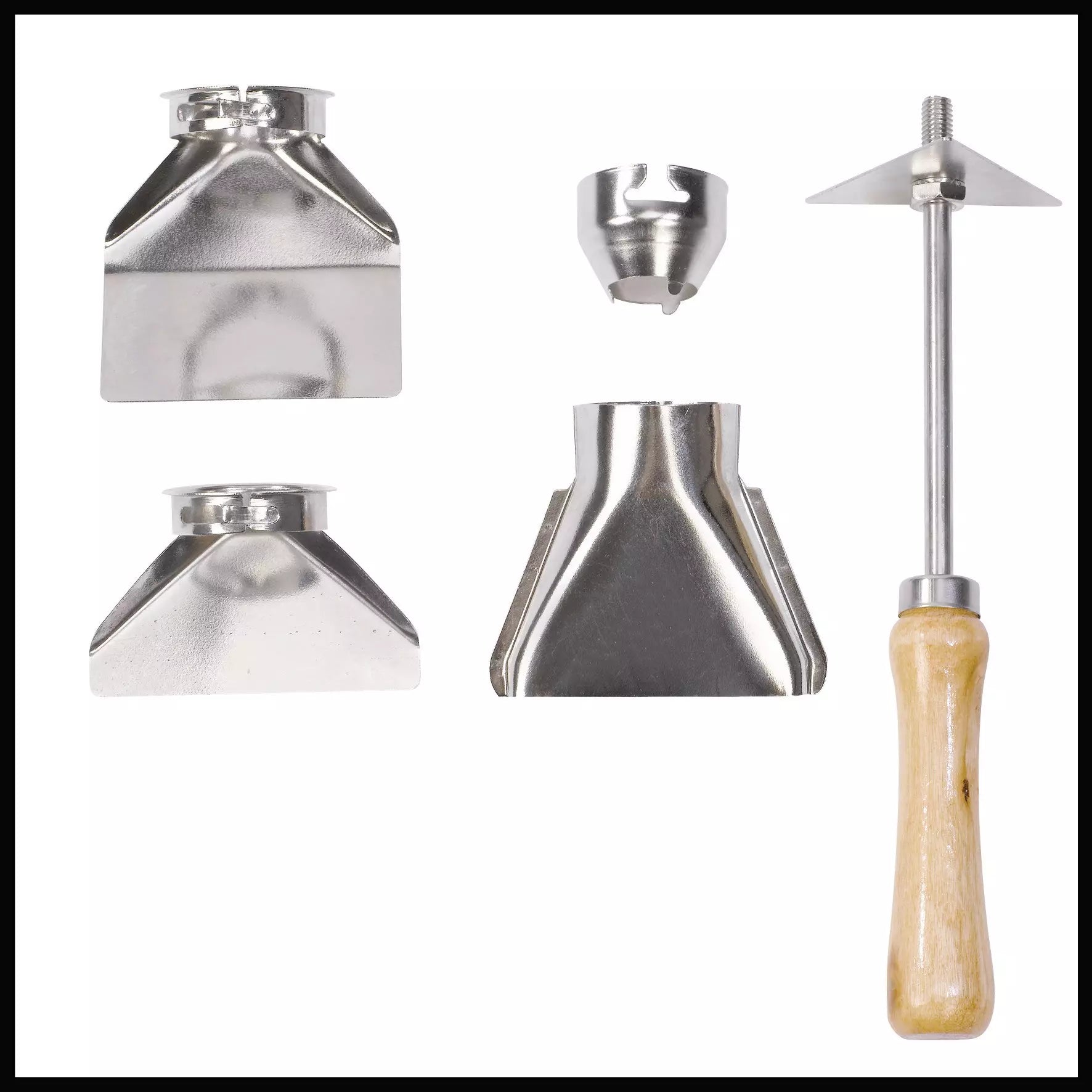 Set completo della pistola ad aria calda TH HA 2000/1 con accessori inclusi: quattro ugelli assortiti in metallo e uno sverniciatore con manico in legno per molteplici applicazioni professionali. | Dematteis.it