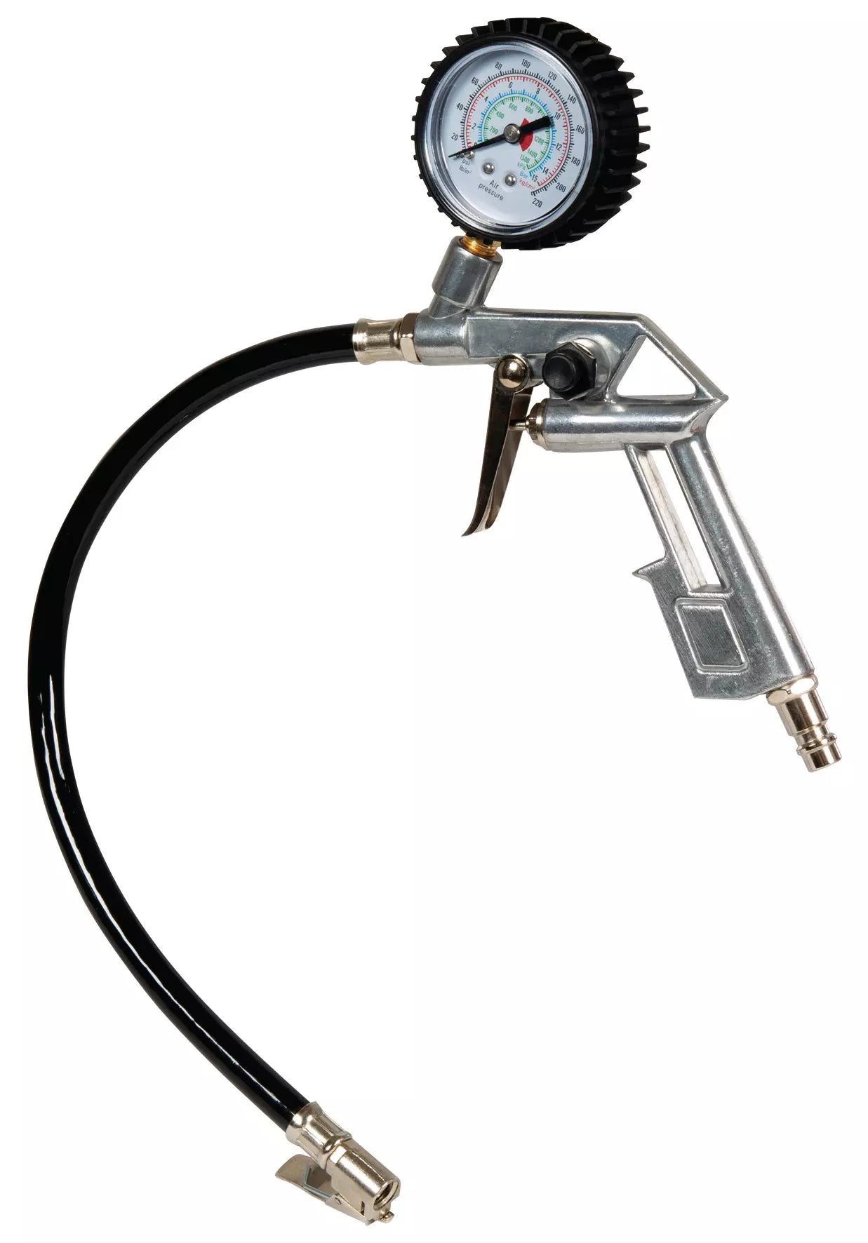 La pistola con manometro Einhell in metallo con display di facile lettura, valvola di sicurezza integrata per ridurre la pressione eccessiva e connettore robusto per un gonfiaggio preciso dei pneumatici. | Dematteis.it