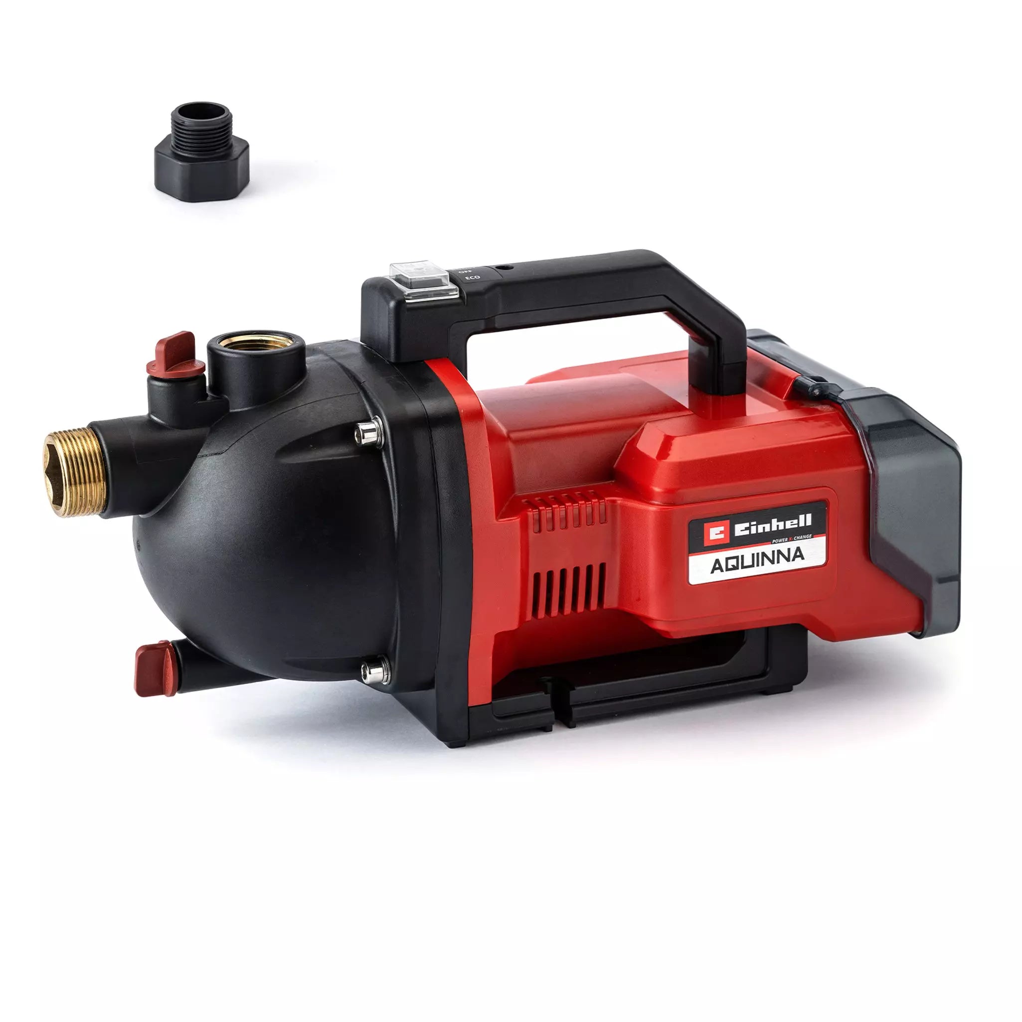 La pompa autoadescante AQUINNA 36/30 di Einhell con design ergonomico rosso e nero, dotata di pratica maniglia per il trasporto, interruttore ECO a due posizioni e sistema a batteria Power X-Change per irrigazione efficiente. | Dematteis.it