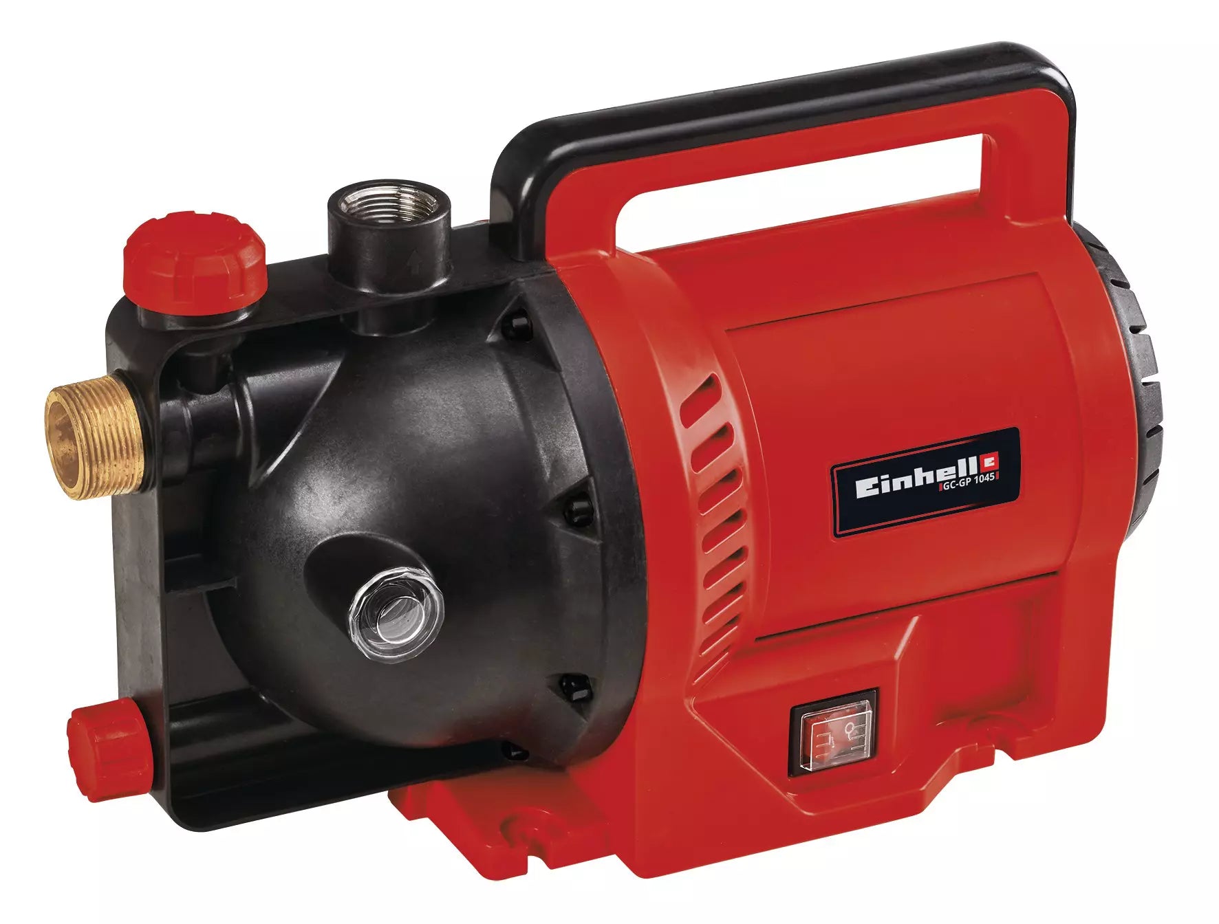 La pompa da giardino GC GP 1045 Einhell con potente motore da 1.050W, design ergonomico in rosso e nero, indicatore di riempimento acqua e maniglia per facile trasporto, ideale per irrigazione ottimale. | Dematteis.it