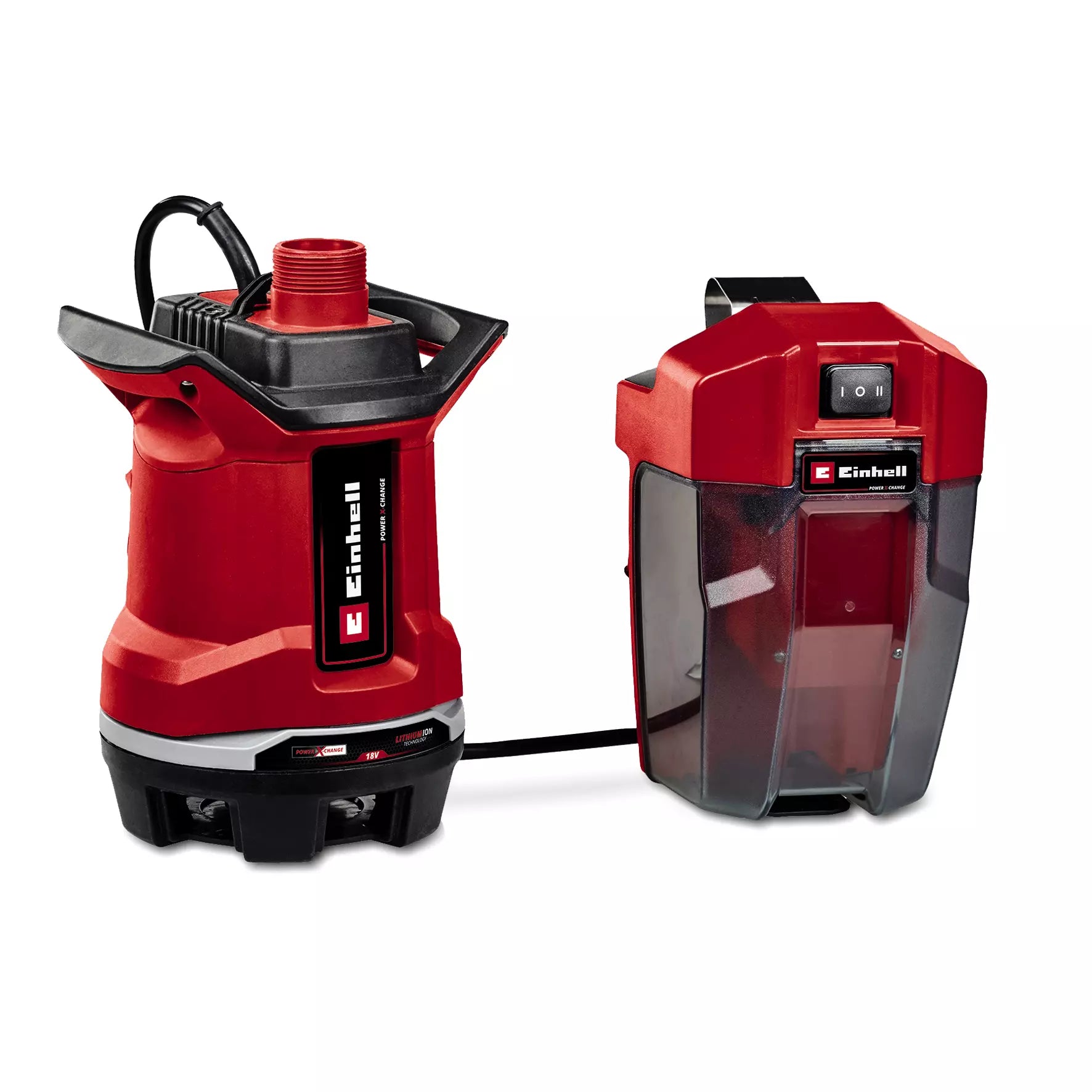 La pompa immersione GE DP 18/25 Li Einhell con box batteria separato, sistema Power X-Change 18V, design rosso-nero ergonomico e raccordo superiore per facile collegamento dei tubi, ideale per acque scure. | Dematteis.it