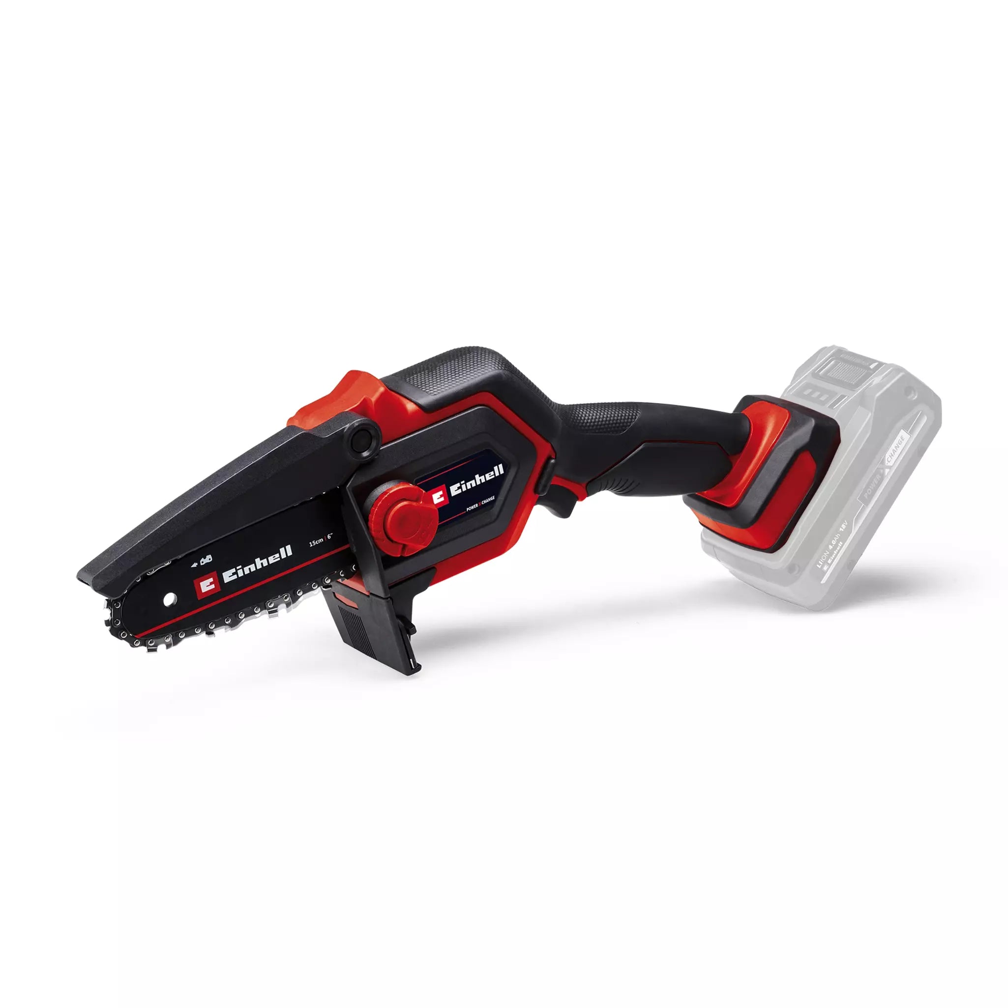 Il potatore a catena GE-PS 18/15 Li BL di Einhell con design ergonomico rosso e nero, motore brushless e batteria Power X-Change da 18V per potature precise di alberi e arbusti. | Dematteis.it