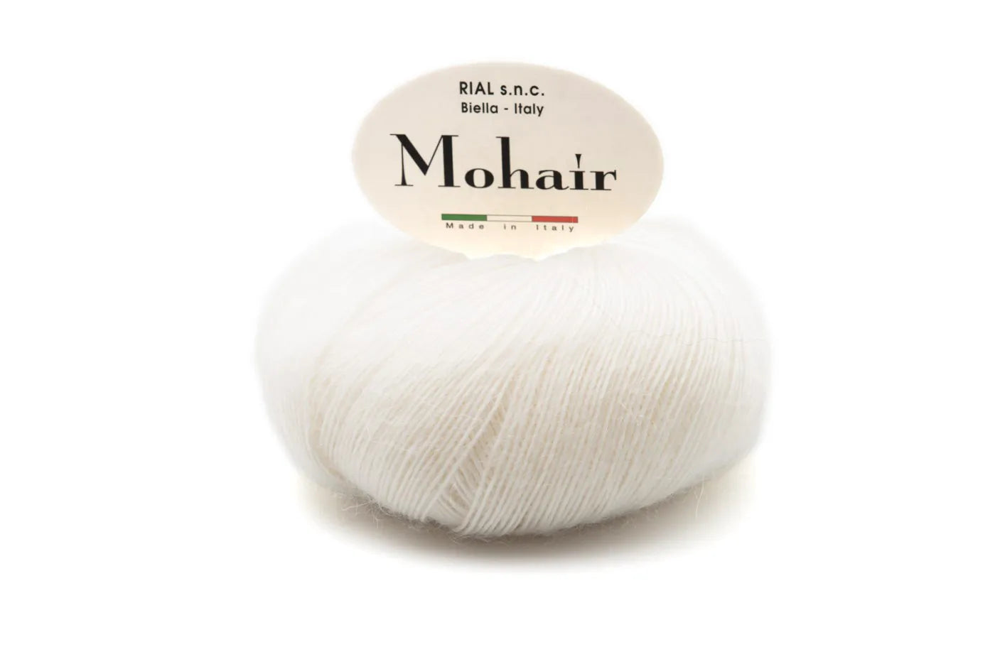 Rial, Filato Mohair 50 g colore 12 in gomitolo bianco panna con fascia ovale Made in Italy per lavori a maglia e uncinetto - DeMatteis.it