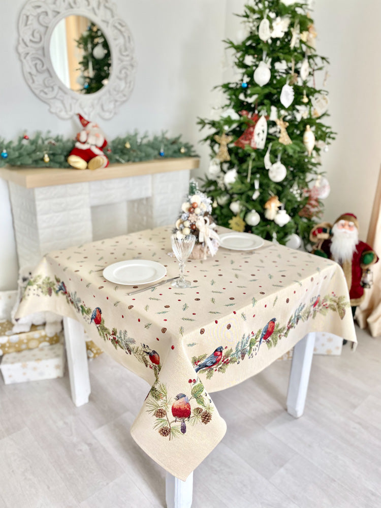 Tovaglia Natalizia Decoro Uccellino 137x137 cm per tavola delle feste con motivi natalizi - DeMatteis.it