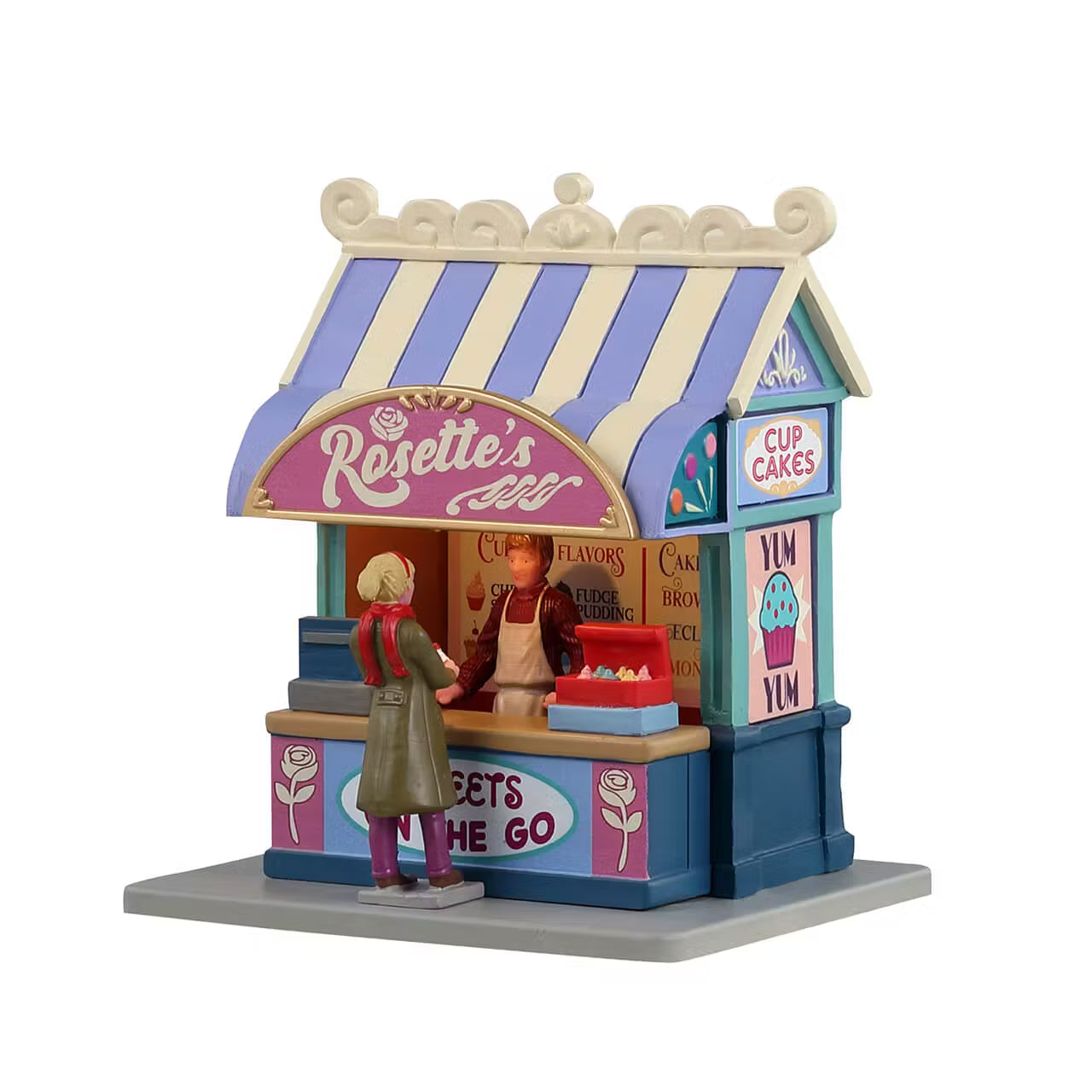 Rosette's Dessert Bar Lemax: colorata pasticceria del villaggio in miniatura con chiosco a strisce blu, insegna rosa e due personaggi dettagliati. | Dematteis.it