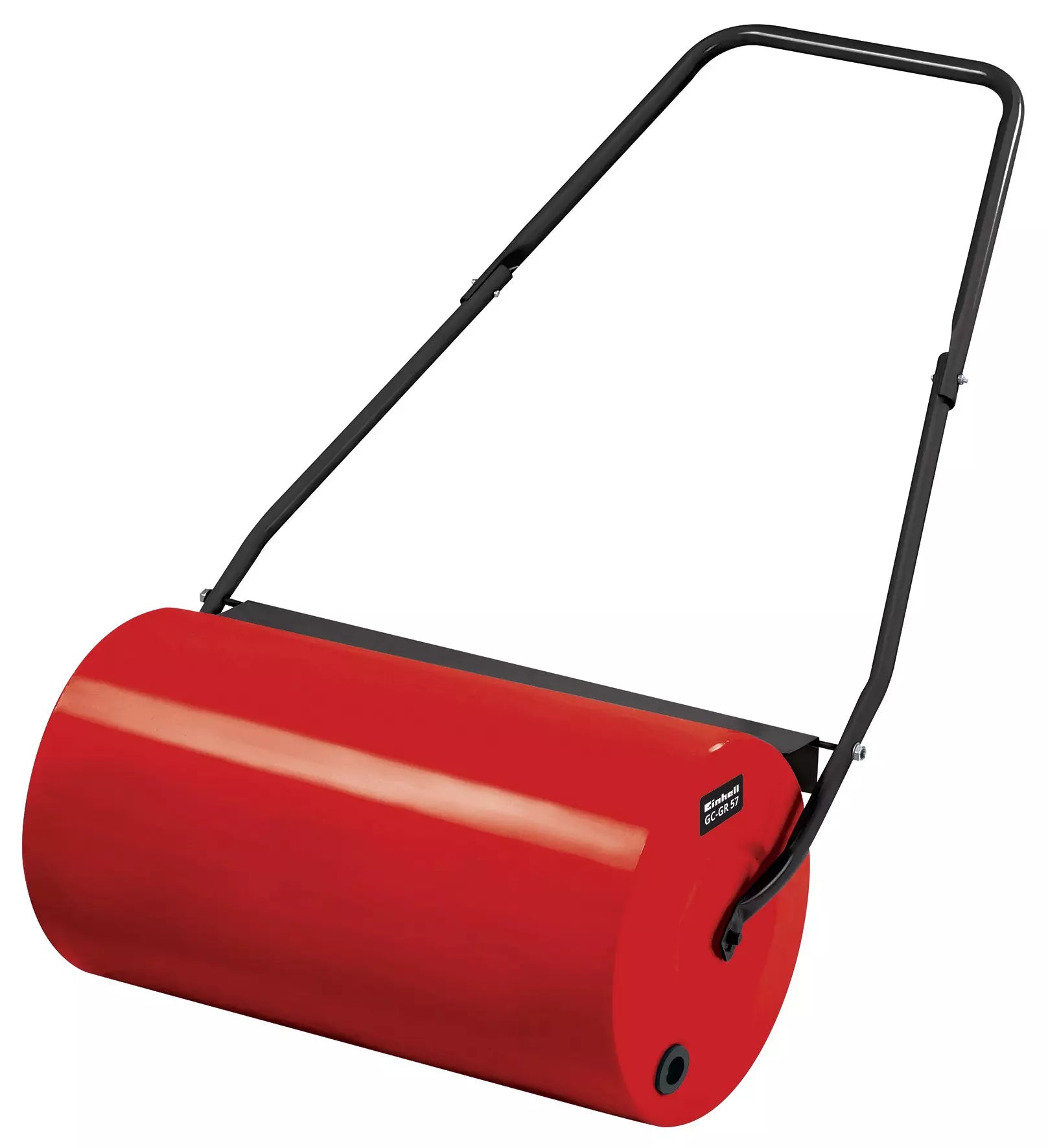 Il rullo compressore GC-GR 57 Einhell con struttura in metallo verniciato rosso, impugnatura ergonomica e sistema di riempimento laterale, ideale per la manutenzione professionale del prato. | Dematteis.it