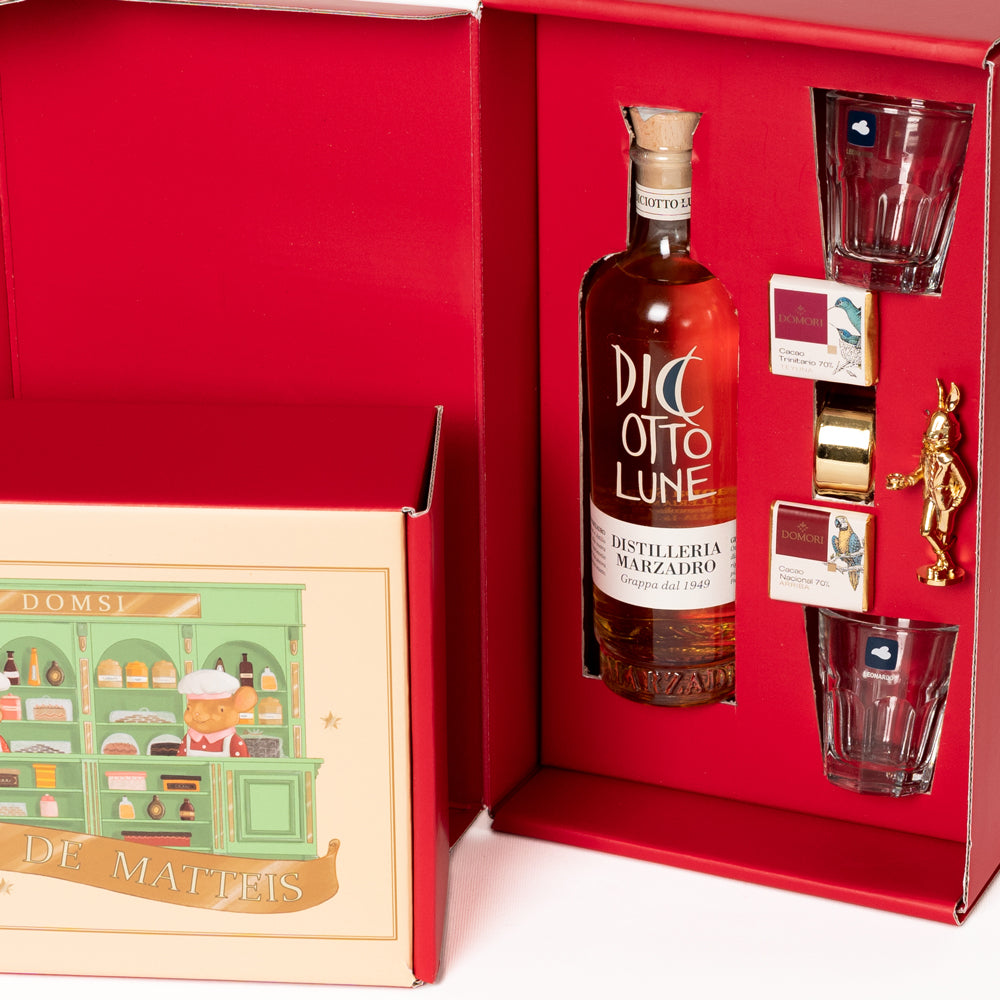 Box Regalo La Dispensa De Matteis Grappa con Diciotto Lune Marzadro, bicchieri degustazione, cioccolatini Domori per esperienza sensoriale - DeMatteis.it