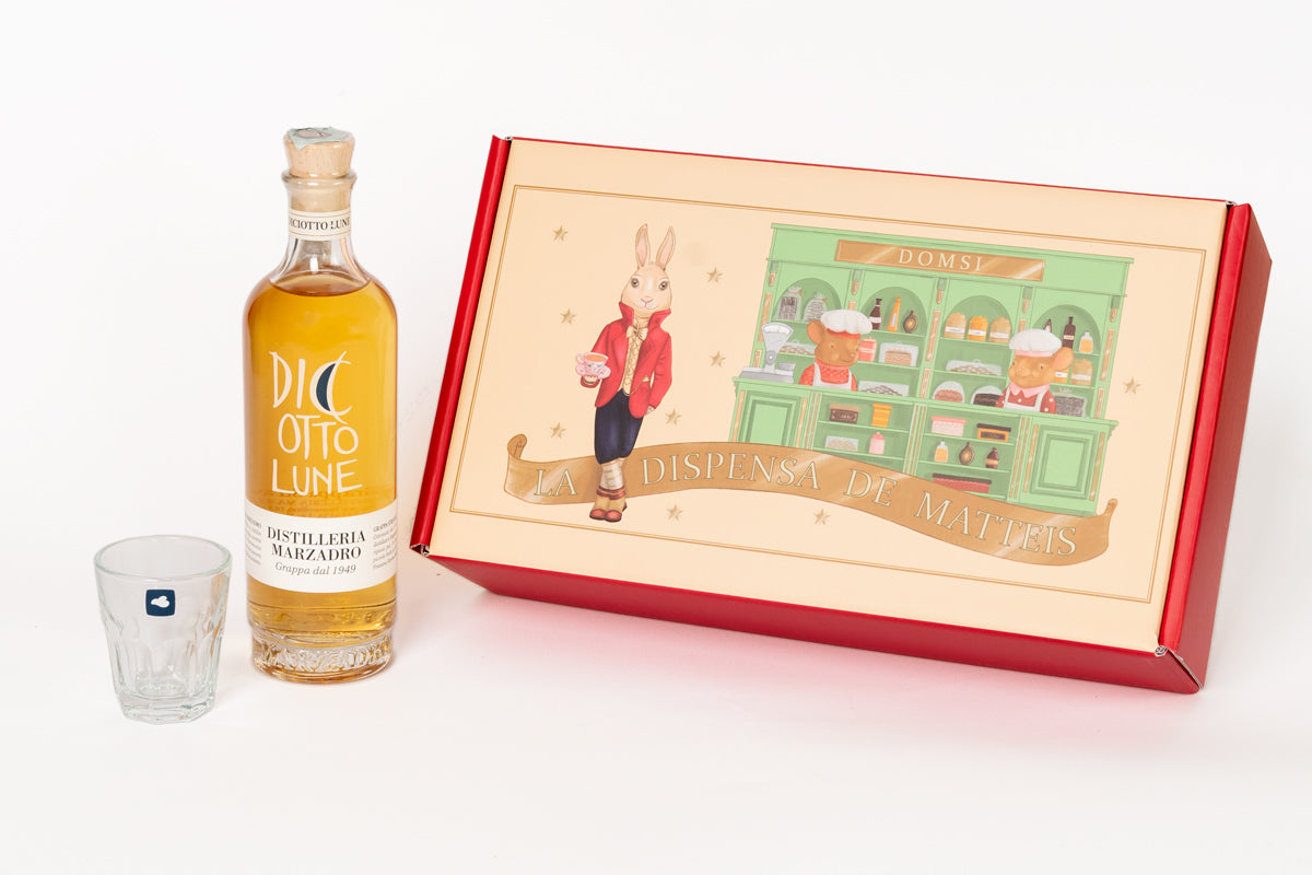 Box Regalo La Dispensa De Matteis Grappa confezione degustazione con grappa Diciotto Lune Marzadro e bicchiere - DeMatteis.it