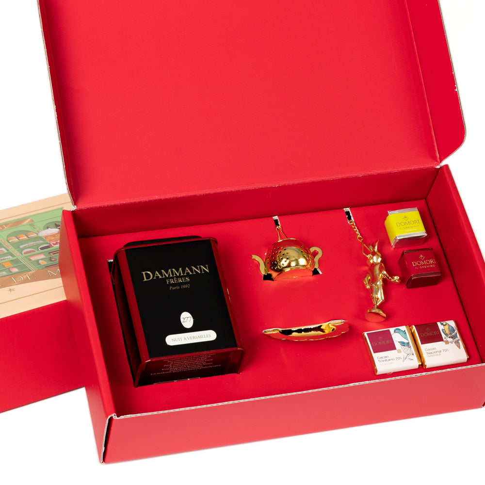 Box Regalo Dammann Freres Nuit A Versaille set completo per degustazione tè con accessori dorati e cioccolatini - DeMatteis.it