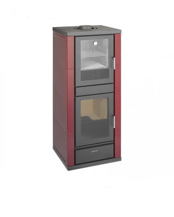 Termostufa a legna Sofia Plus Bordeaux Ugo Cadel per riscaldamento domestico con sportello vetrato e cassetto cenere - DeMatteis.it