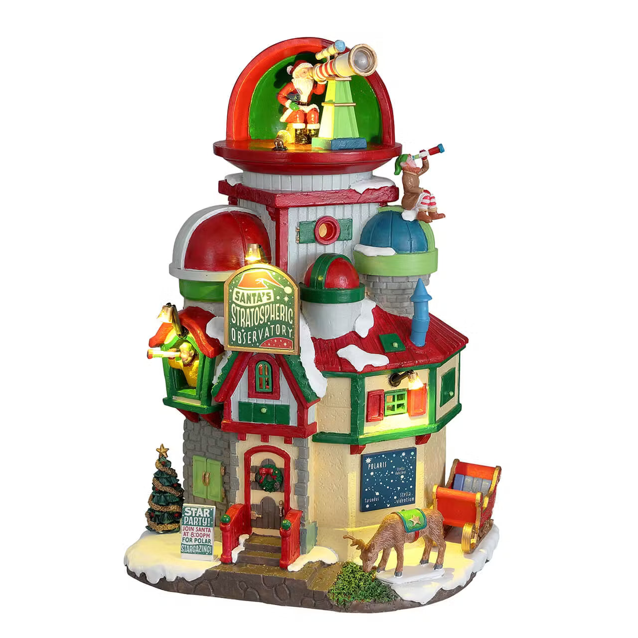 Santa's Stratospheric Observatory Lemax con cupola rossa illuminata, Babbo Natale sul tetto con telescopio per Villaggio di Natale Lemax, dettagli colorati e renne decorative alla base. | Dematteis.it