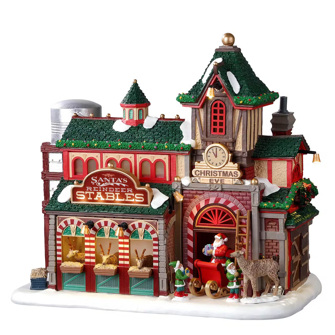 Santa's Reindeer Stables Lemax con orologio natalizio, stalla delle renne vittoriana rossa e verde per villaggio di Natale Lemax, dettagli artigianali dipinti a mano. | Dematteis.it