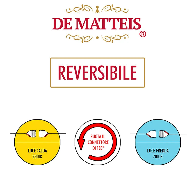 De Matteis, Luci Natale 500 Led 10 m Reversibili Caldo Freddo con schema tecnico che mostra connettore reversibile per passare da luce calda 2500K a fredda 7000K - DeMatteis.it