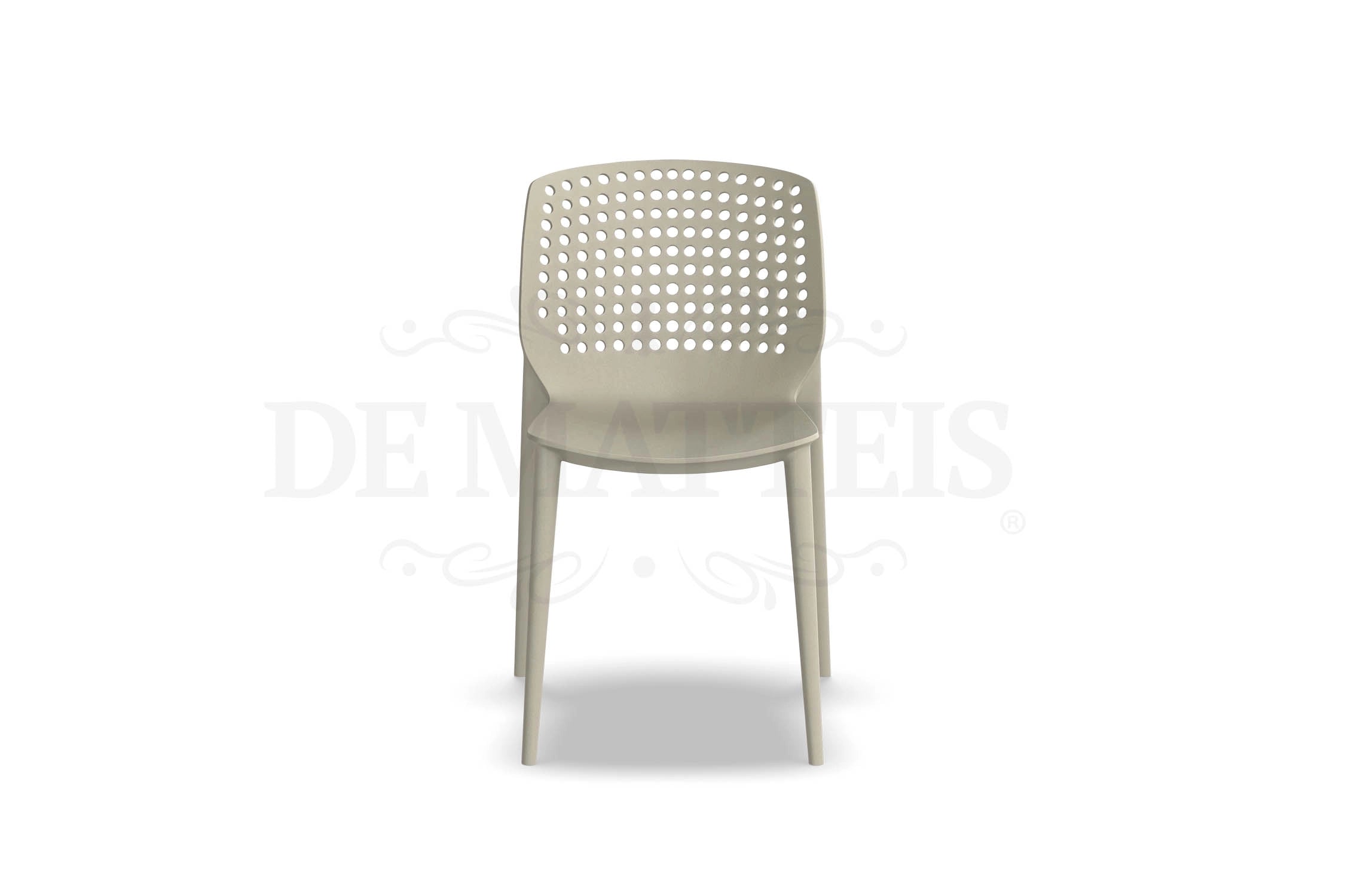 Sedia Esterno Resina Aria Tortora con struttura in polipropilene fiberglass, trattamento anti-UV e design ergonomico, ideale per giardini privati e come sedia esterno ristorante.