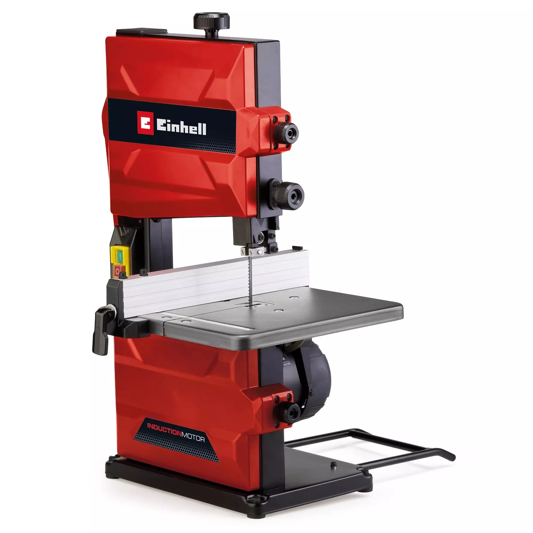 Sega a nastro TC SB 200/1 di Einhell con struttura robusta in rosso e nero, tavolo inclinabile in alluminio e motore a induzione da 250W per tagli precisi su legno e materiali similari. | Dematteis.it