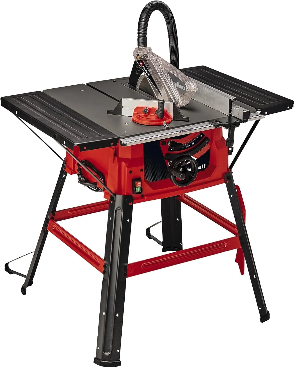Sega circolare con banco TC-TS 2025/2 U di Einhell con potenza 2000W, base robusta rossa, piano di lavoro estendibile, protezione lama trasparente e sistema di aspirazione integrato per progetti di falegnameria professionali. | Dematteis.it