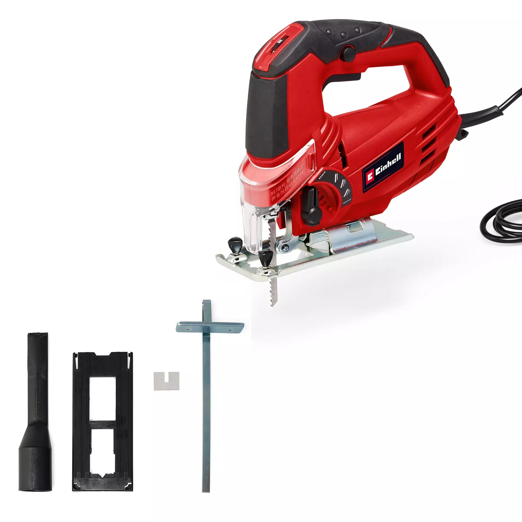 Seghetto alternativo TC JS 85 Einhell con movimento pendolare a 4 posizioni, impugnatura ergonomica antiscivolo e piastra inclinabile a 45° per tagli precisi su diversi materiali, completo di accessori. | Dematteis.it