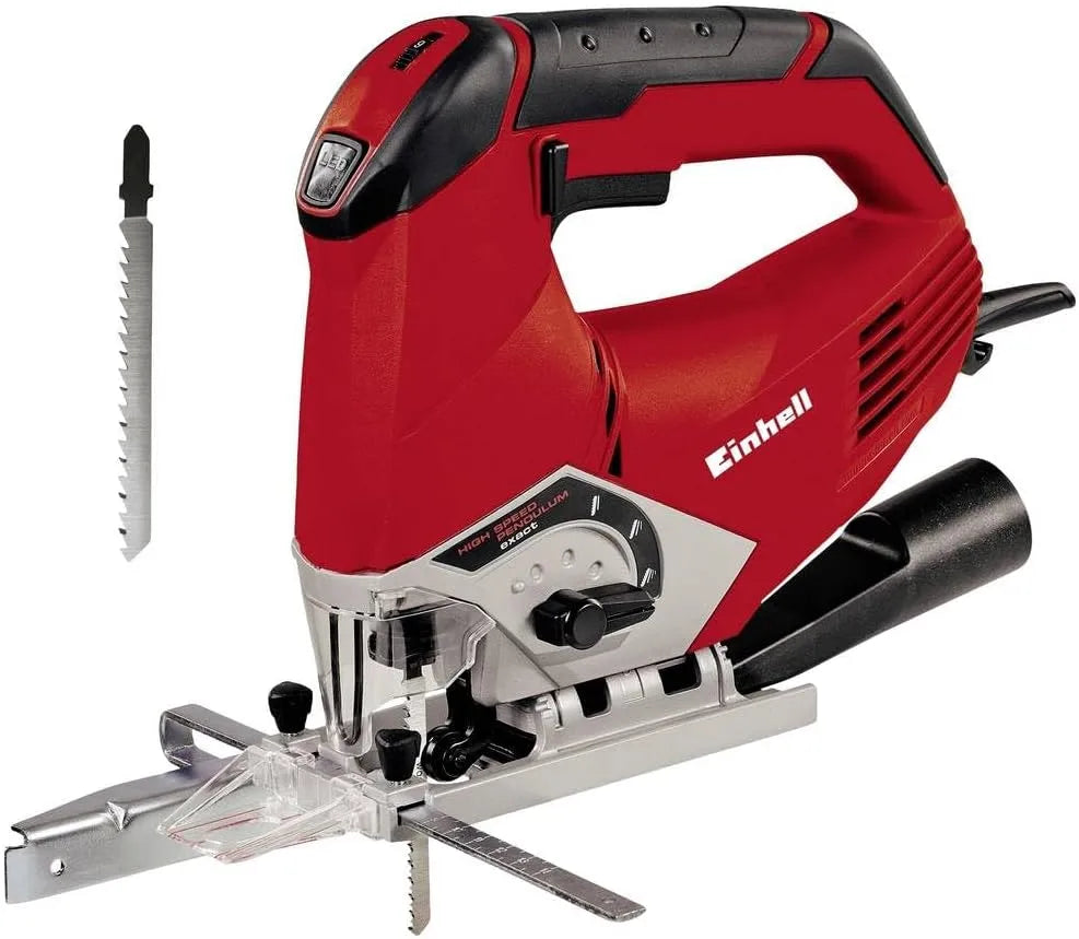 Il seghetto alternativo TH-JS 100 di Einhell con movimento pendolare a 4 posizioni, luce LED integrata, funzione soffiaggio e guida parallela per tagli di precisione su diversi materiali. | Dematteis.it