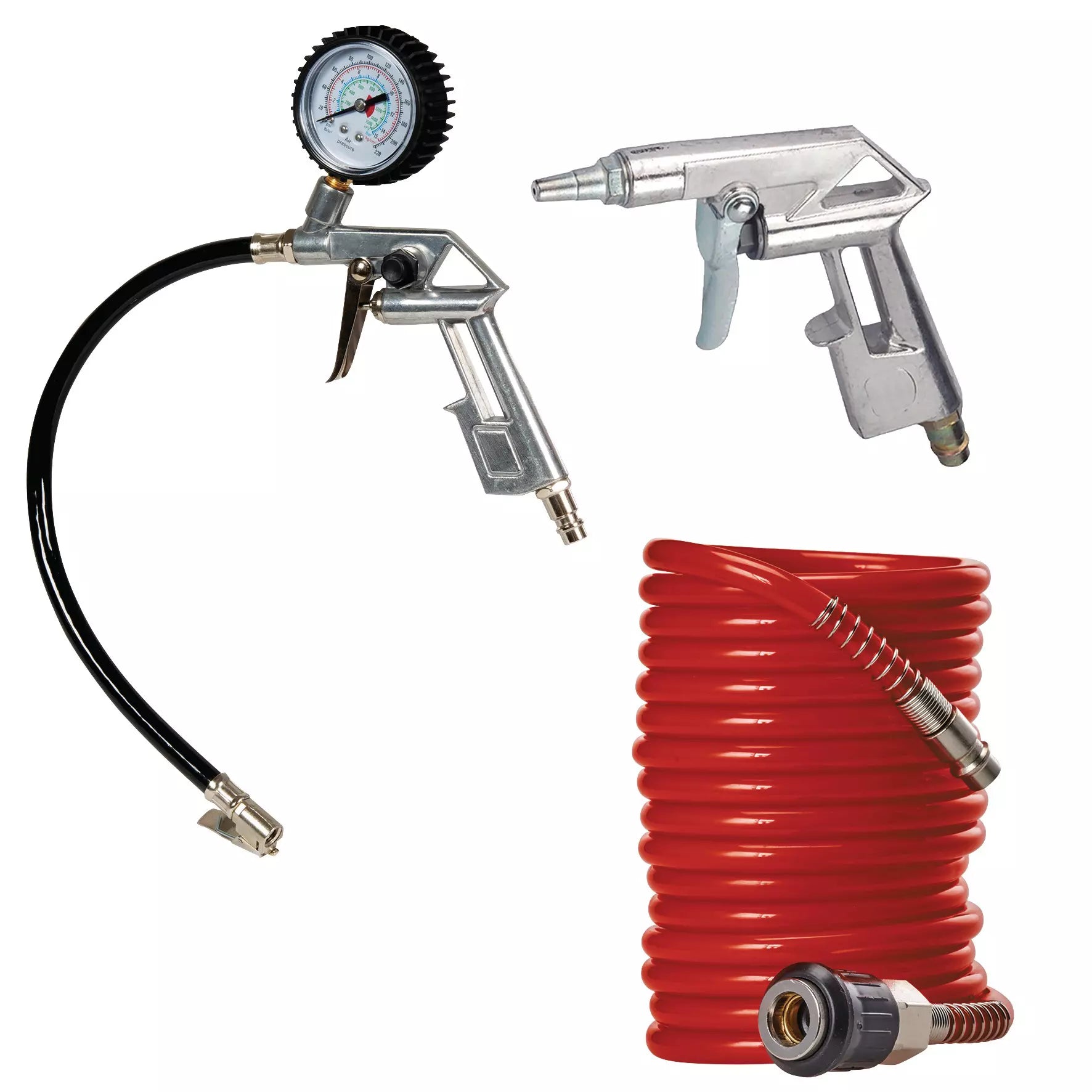 Set accessori compressore 3-tlg Einhell con manometro professionale per pneumatici, pistola ad aria compressa per pulizia superfici e tubo flessibile rosso da 4 metri con innesto rapido. | Dematteis.it