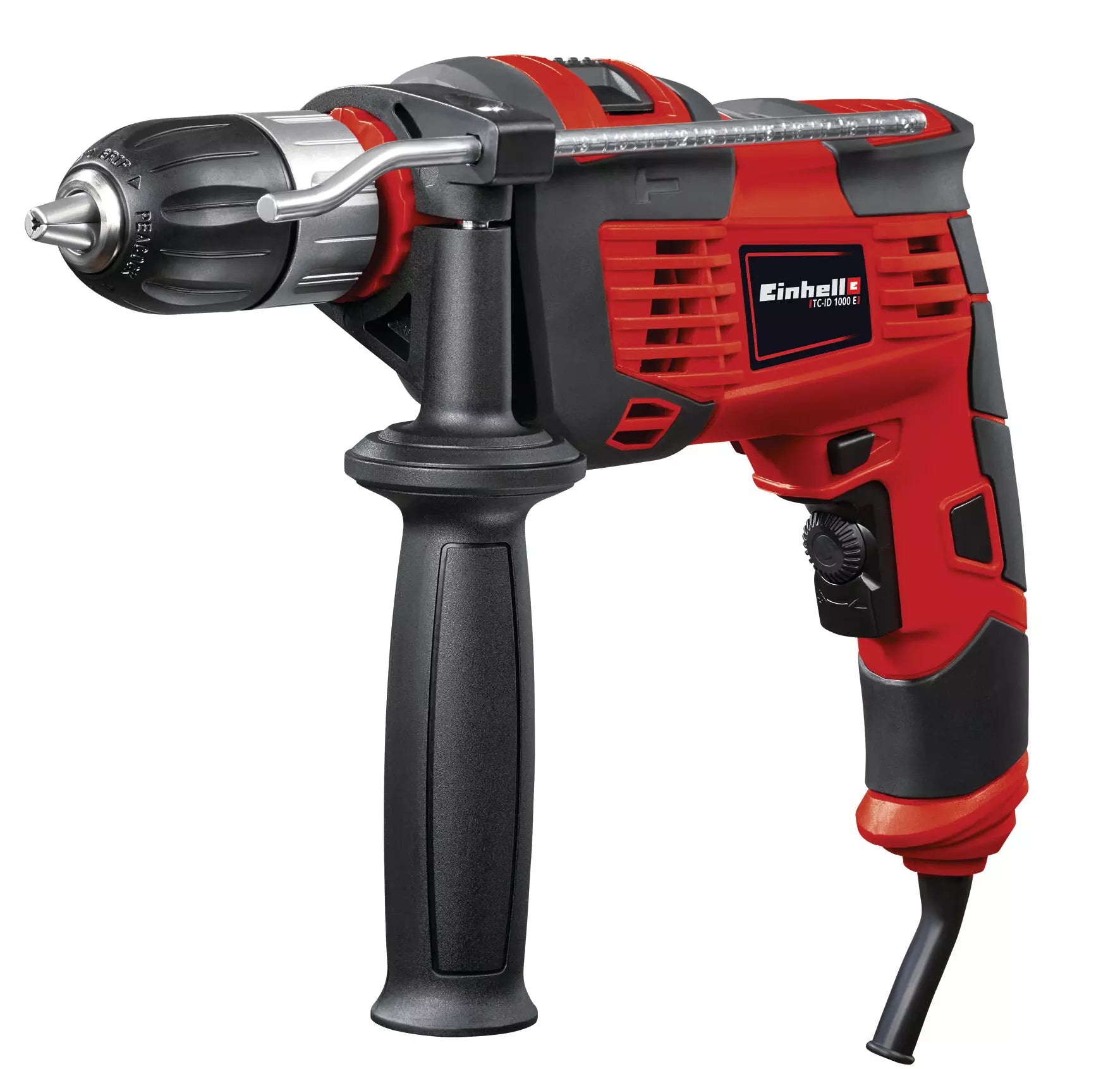 Set trapano a percussione TC-ID 1000 E di Einhell, potente elettroutensile con sistema di regolazione giri, impugnatura supplementare con nervature di sicurezza e completo di 64 accessori. | Dematteis.it