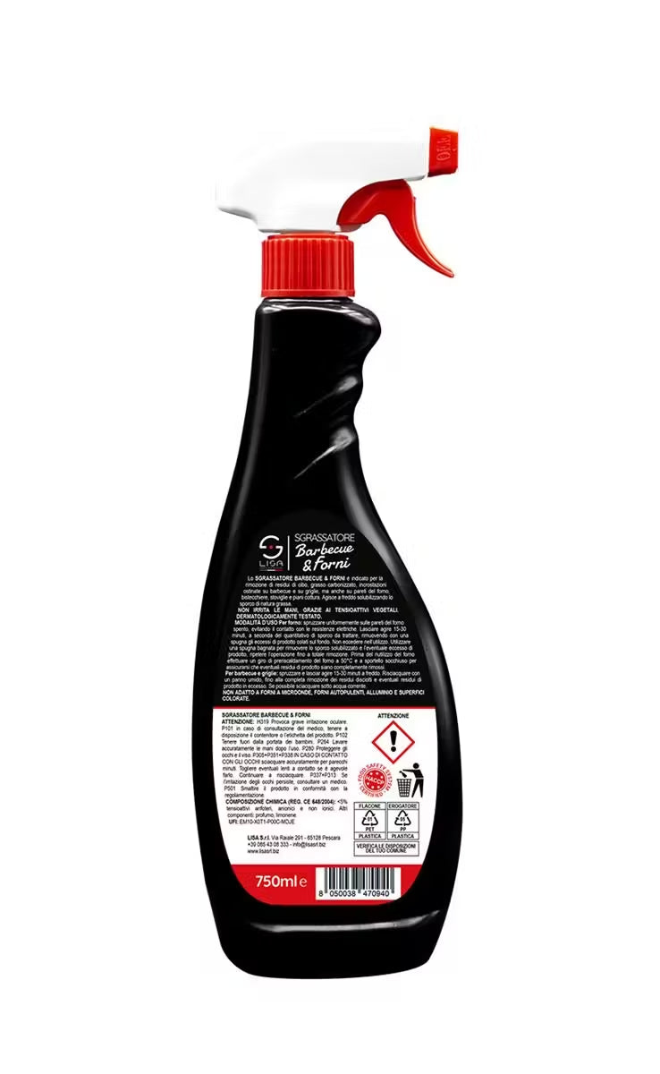Retro del flacone Sgrassatore Barbecue E Forni Lisa con etichetta informativa dettagliata, istruzioni d'uso, avvertenze e contenuto 750ml | Dematteis.it