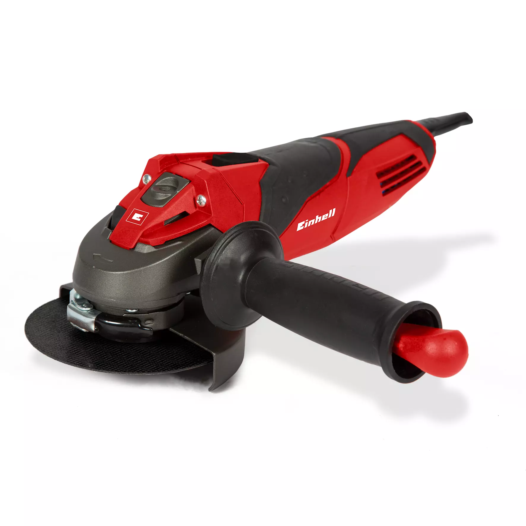 La smerigliatrice angolare TE AG 115 Einhell con design ergonomico rosso e nero, impugnatura antiscivolo e protezione disco regolabile, ideale per taglio e molatura di precisione in ambito hobbistico. | Dematteis.it