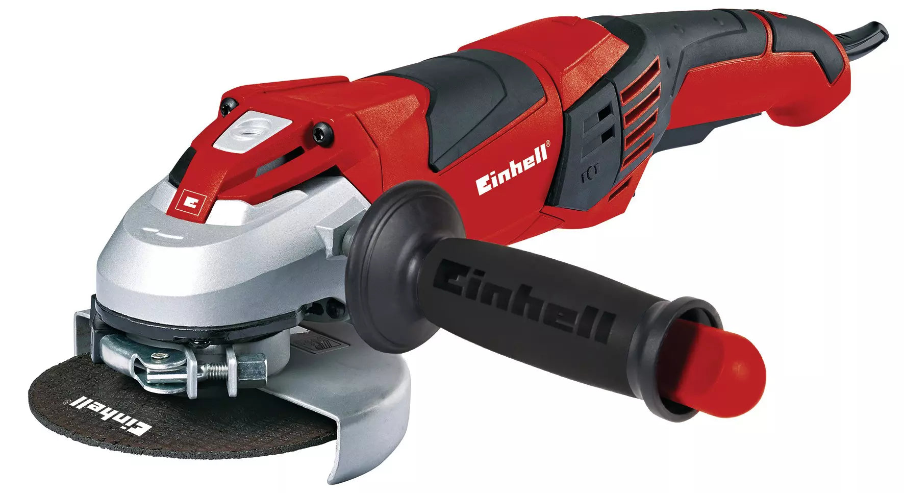 Smerigliatrice angolare TE-AG 125 CE Einhell con struttura ergonomica rossa e nera, impugnatura Softgrip, protezione disco regolabile e sistema di elettronica costante per lavori professionali di taglio e levigatura. | Dematteis.it