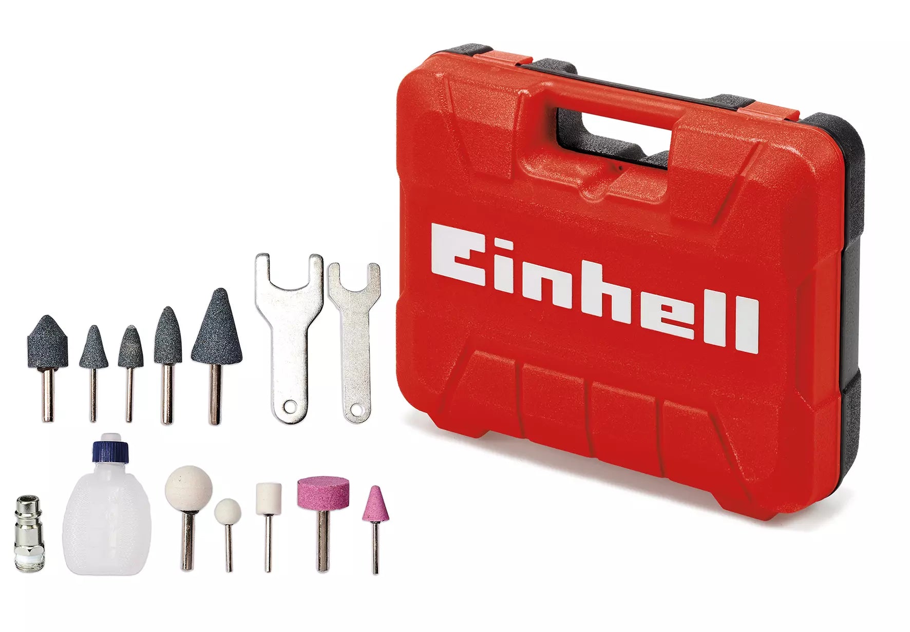 Kit completo smerigliatrice pneumatica TC PP 220 con valigetta Einhell, 10 perni di levigatura di varie forme, boccetta d'olio, raccordo rapido e chiavi per regolazioni immediate. | Dematteis.it