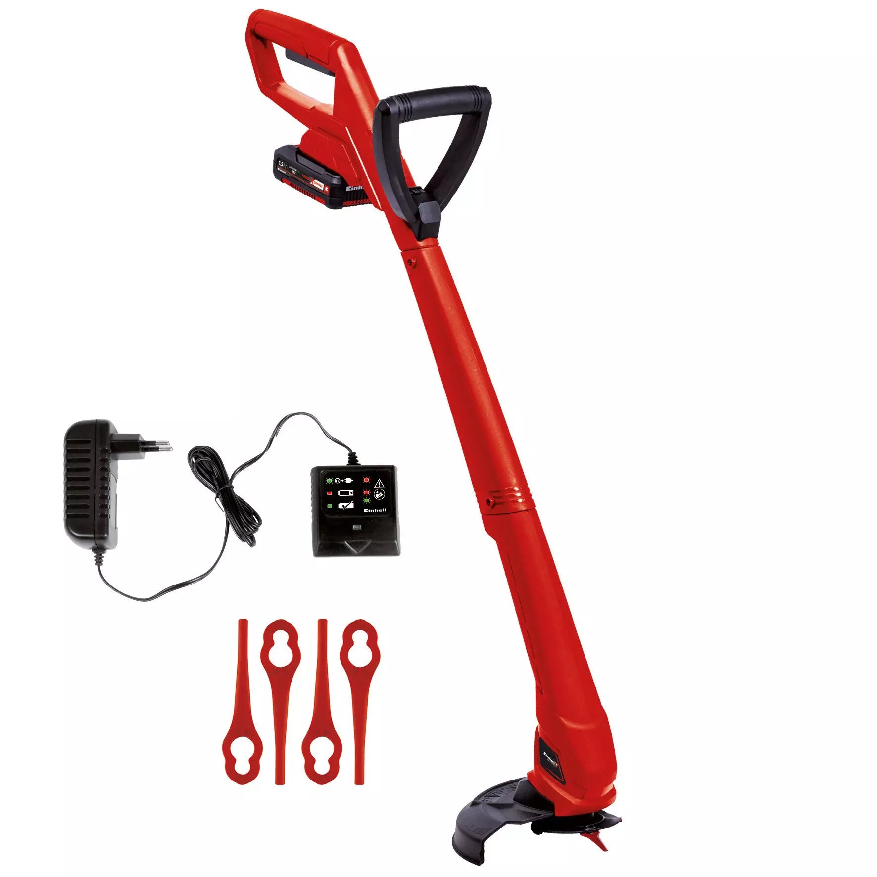 Tagliabordi a batteria GC-CT 18/24 Li P Einhell con impugnatura ergonomica a due mani, batteria Power X-Change, caricabatterie e coltelli in plastica inclusi per la perfetta rifinitura dei bordi del prato. | Dematteis.it