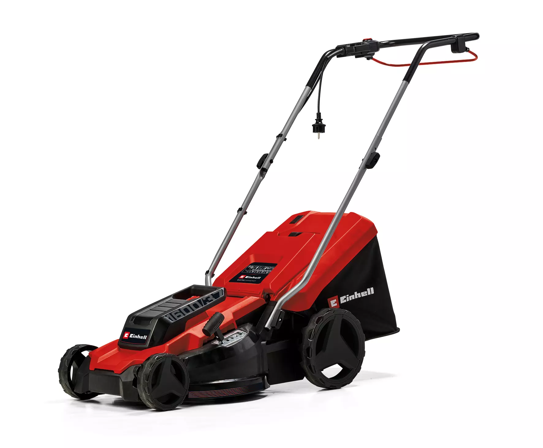 Il tagliaerba elettrico Gc-Em 1600/37 Einhell con scocca rossa, potente motore da 1600W, manubrio pieghevole in acciaio e ruote High-Wheels per una perfetta manutenzione di prati fino a 700 m². | Dematteis.it