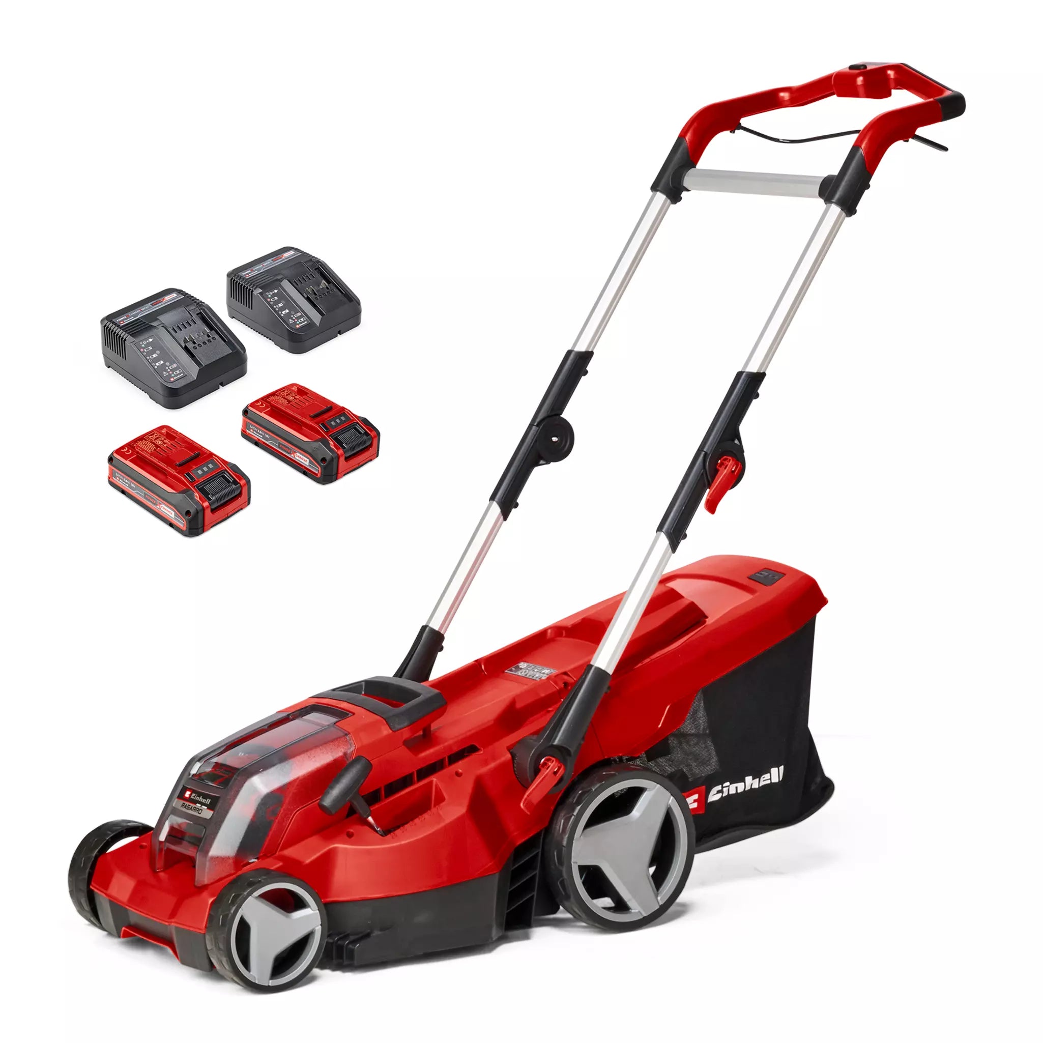 Tagliaerba Rasarro 36/36 di Einhell con tecnologia TWIN-PACK, doppia batteria da 18V Power X-Change, impugnatura ergonomica regolabile e vano raccoglierba da 45 litri per prati fino a 400 m². | Dematteis.it
