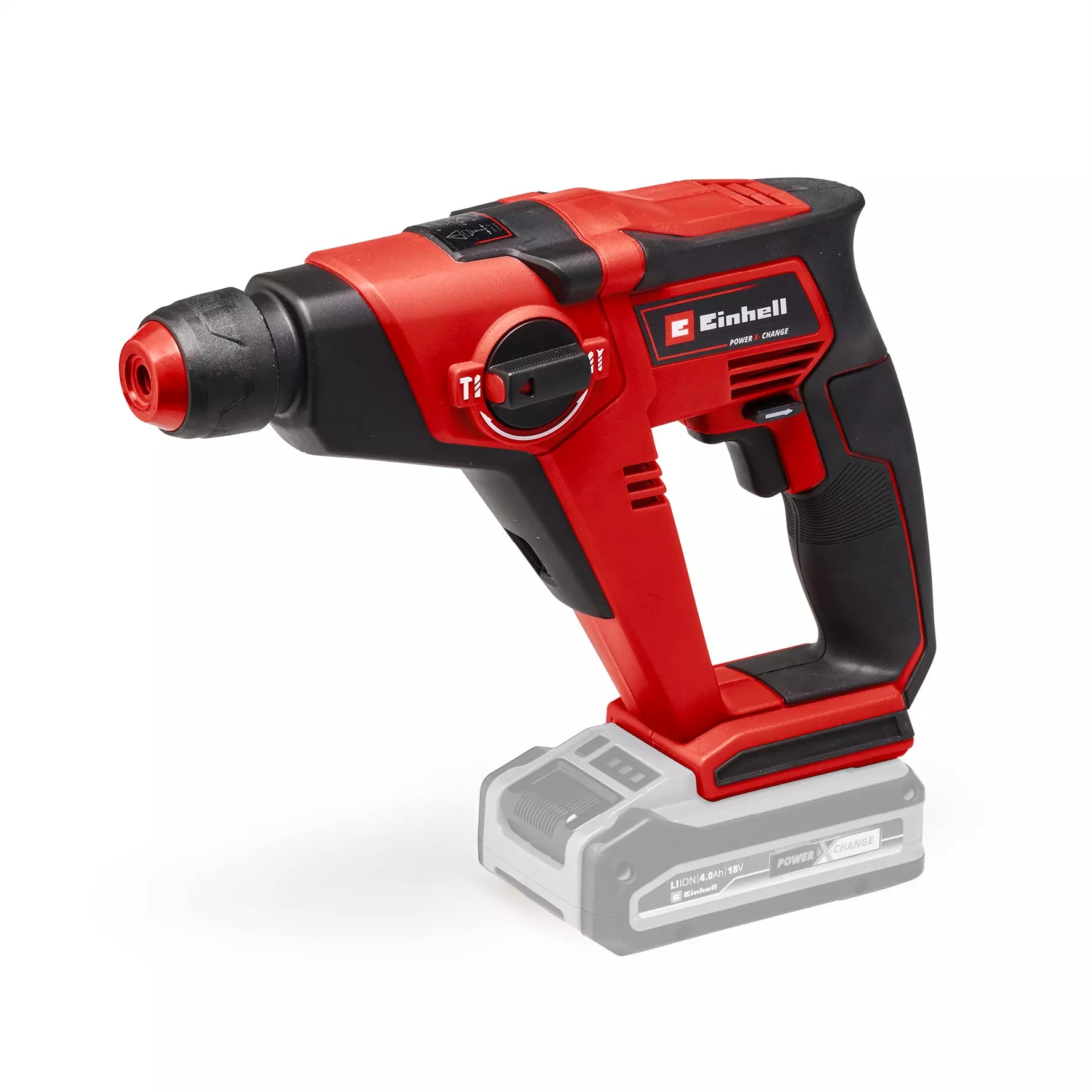 Il tassellatore TE-HD 18/12 Li di Einhell con corpo rosso e nero ergonomico, attacco SDS Plus e tecnologia Power X-Change per foratura e scalpellatura professionale senza fili su qualsiasi materiale. | Dematteis.it