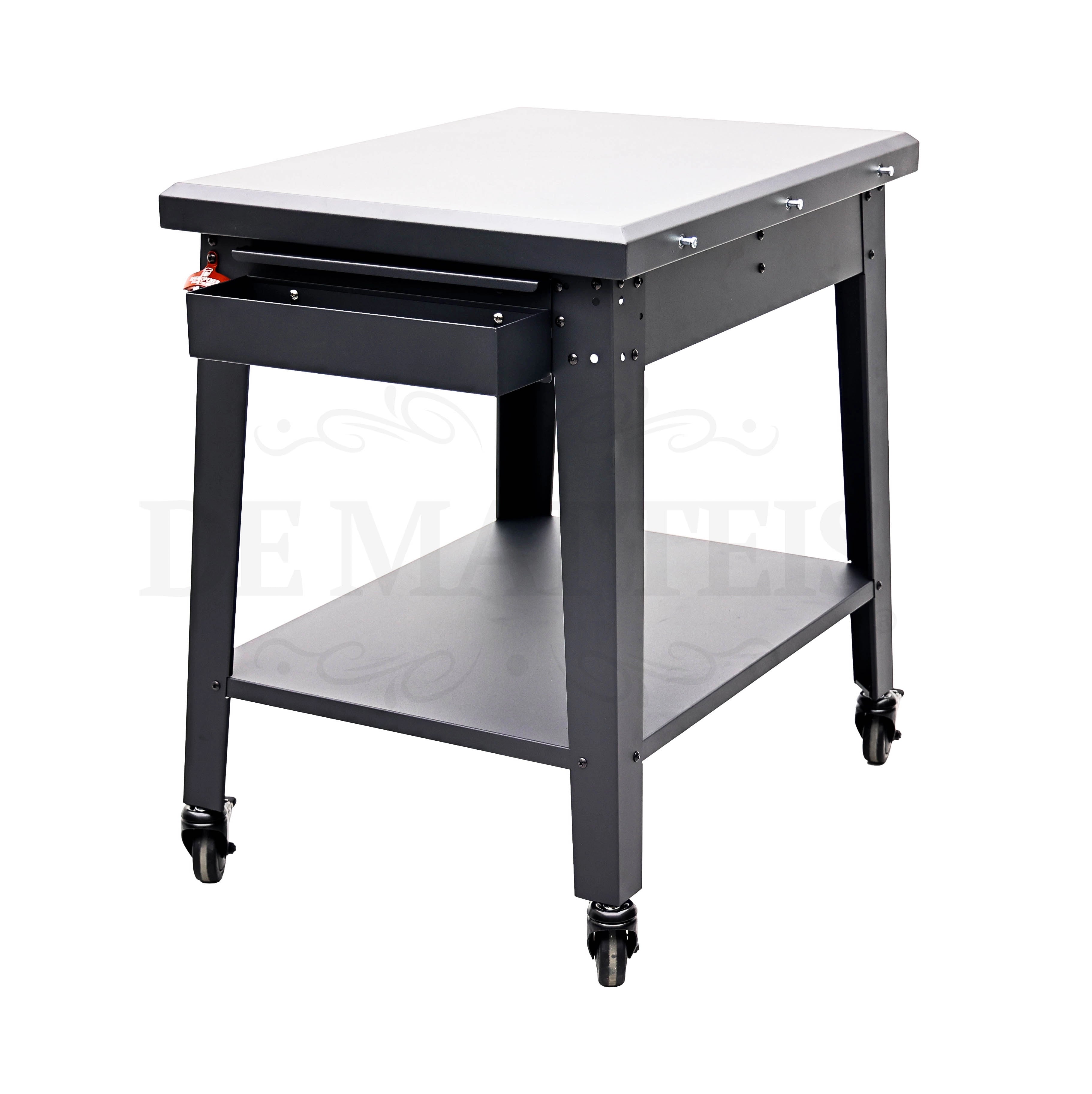 Tavolo Ripiano Estraibile Forno Pizza Pro di Einhell con superficie di lavoro bianca, struttura in metallo nero, cassetto integrato e ripiano inferiore, montato su quattro ruote per facile spostamento. | Dematteis.it