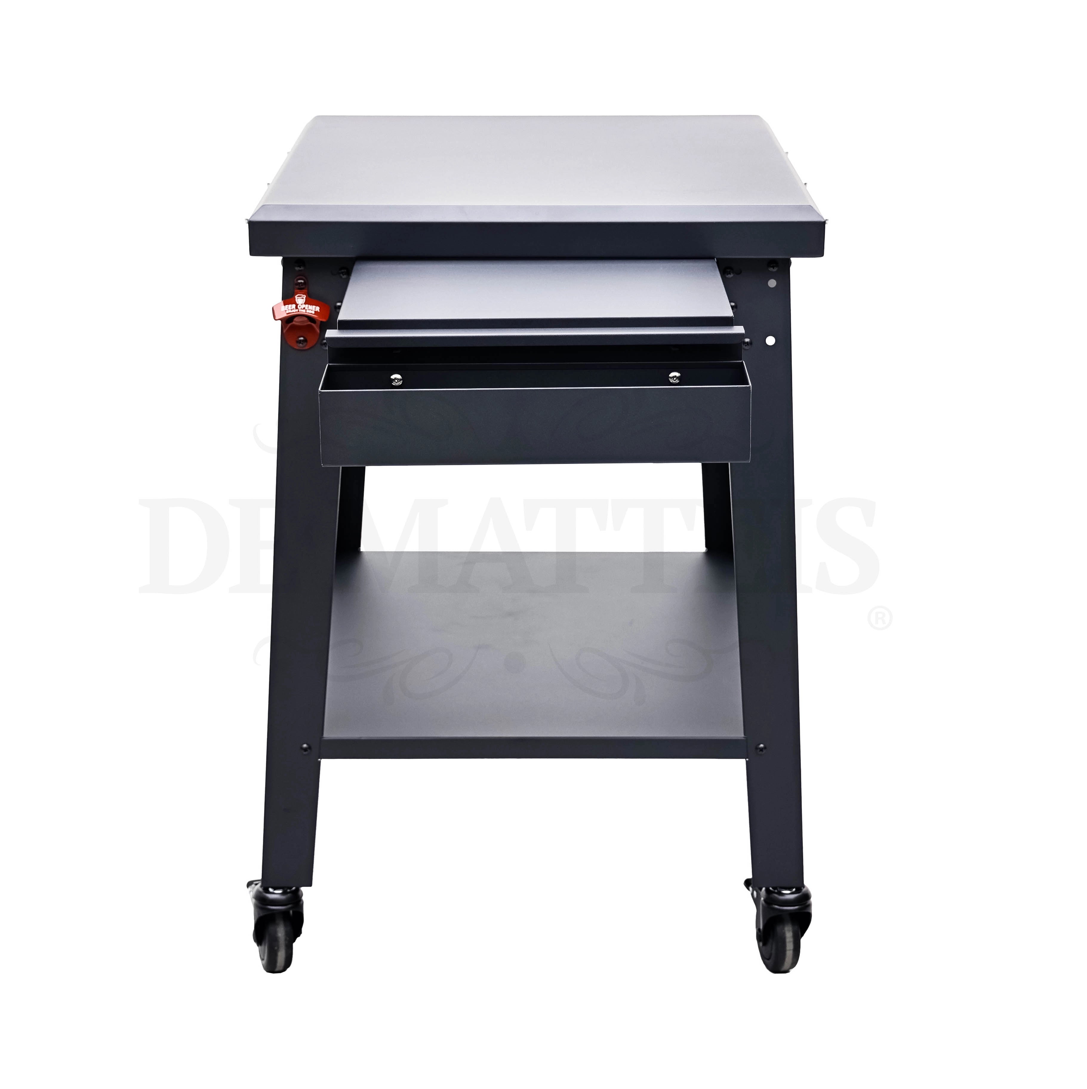 Vista laterale Tavolo Ripiano Estraibile Forno Pizza Pro di Einhell con superficie di lavoro bianca, struttura in metallo nero, cassetto integrato e ripiano inferiore, montato su quattro ruote per facile spostamento. | Dematteis.it