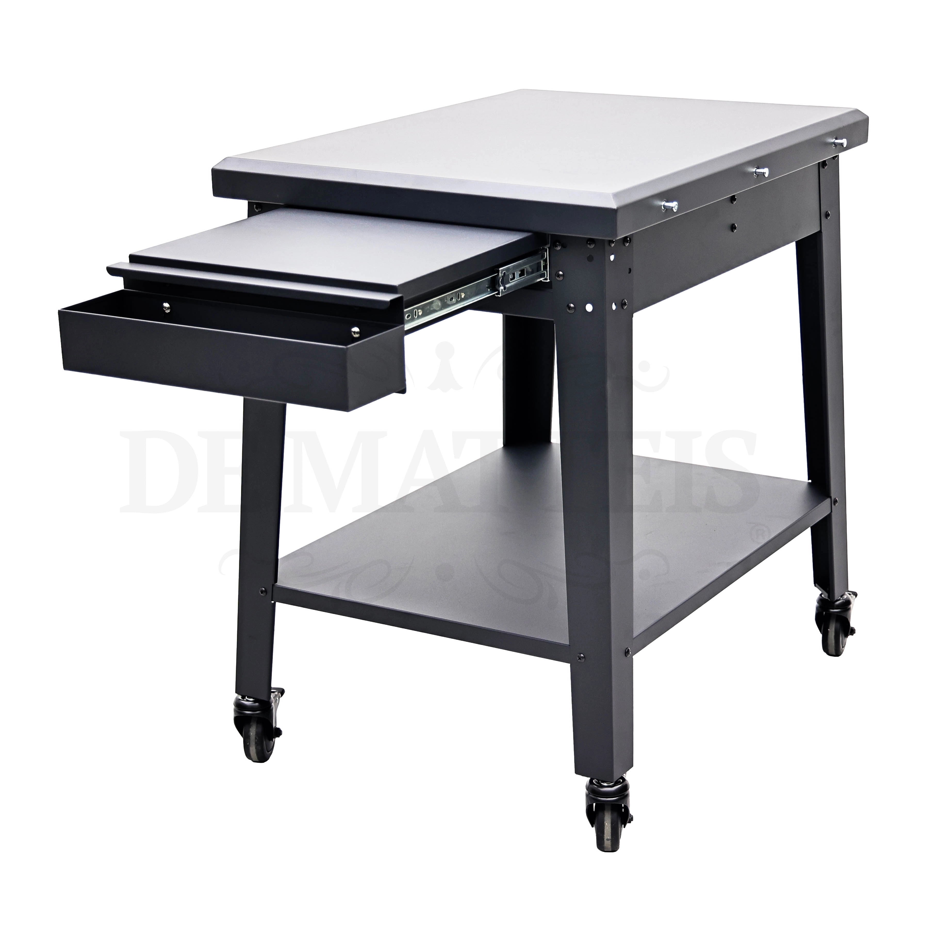 Tavolo Ripiano Estraibile Forno Pizza Pro con piano di lavoro bianco, ripiano estraibile scorrevole su guide metalliche, cassetto funzionale e struttura robusta in lamiera di ferro con rivestimento in polvere. | Dematteis.it