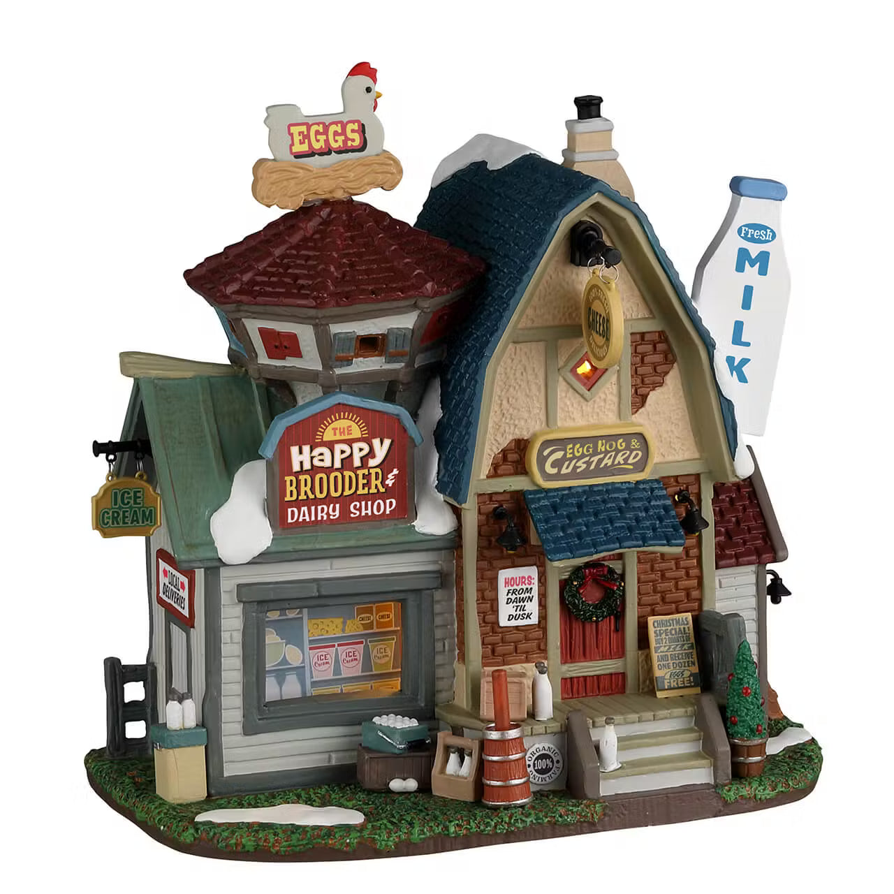 The Happy Brooder & Dairy Shop Lemax della collezione Harvest Crossing con caratteristica insegna a bottiglia di latte e gallina sul tetto, perfetto negozio Lemax per villaggio di Natale. | Dematteis.it