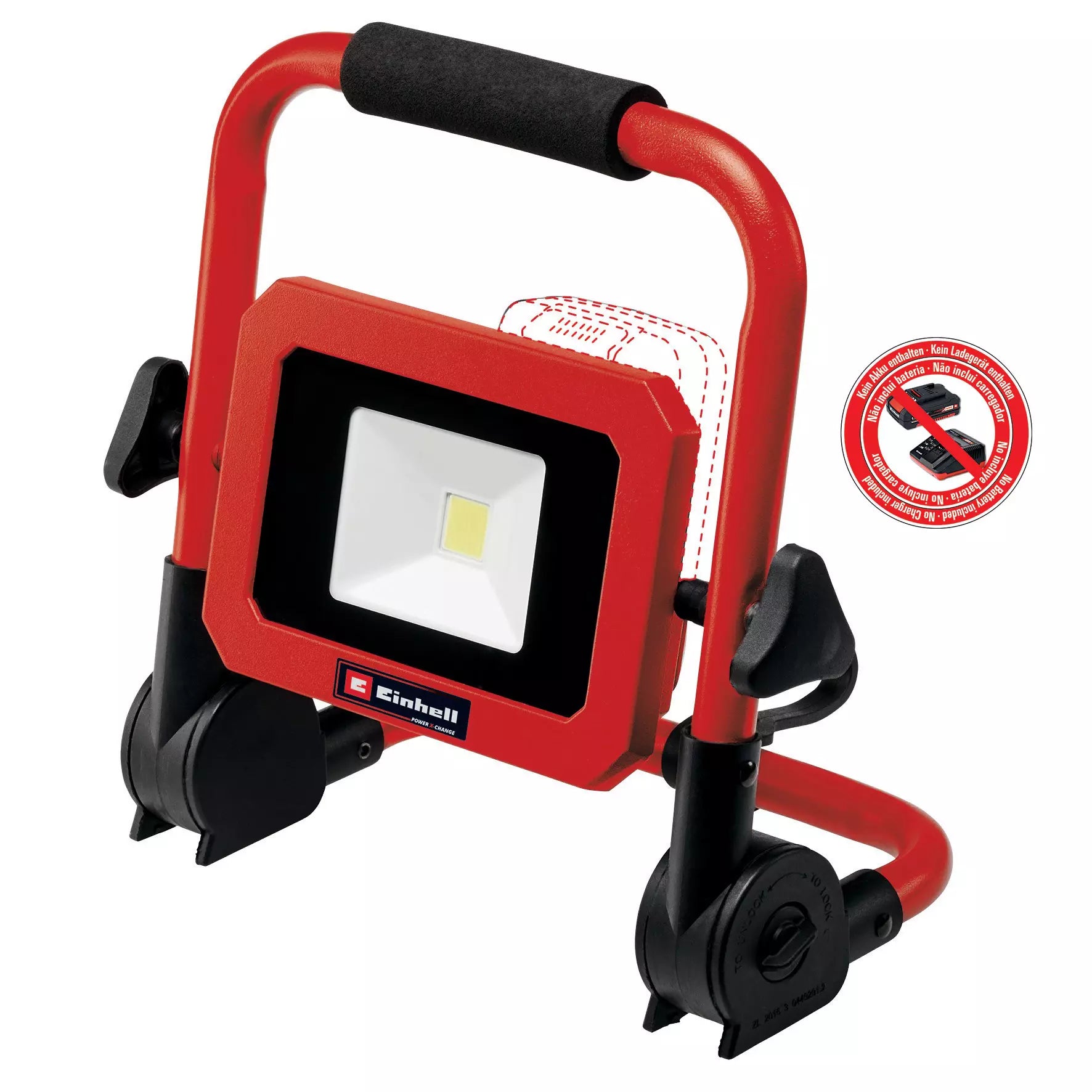 Torcia TC CL 18/1800 Li Einhell con potente LED, struttura robusta in rosso, impugnatura ergonomica, supporto pieghevole e testa girevole a 360° per illuminazione versatile e professionale. | Dematteis