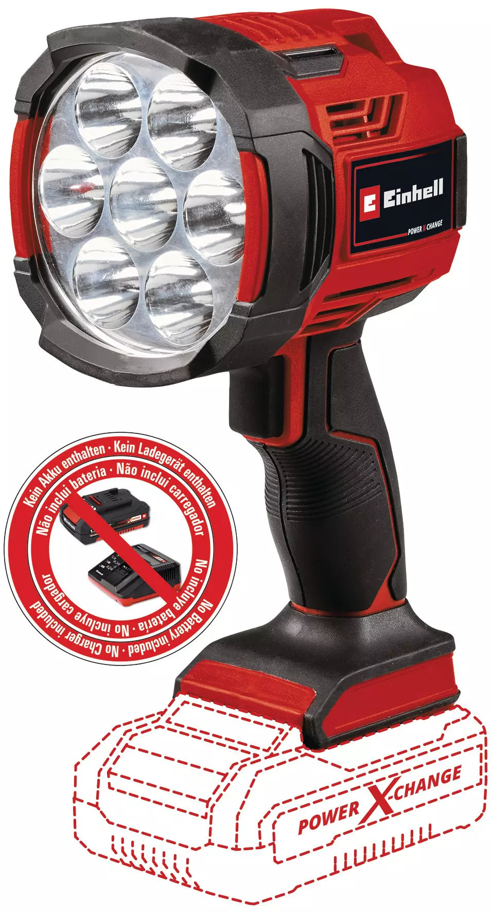 Torcia a batteria Einhell TE-CL 18/2500 LiAC con 7 lampade LED potenti da 2500 Lumen, impugnatura ergonomica antiscivolo e compatibilità con il sistema Power X-Change per un'illuminazione professionale in ogni ambiente. | Dematteis.it