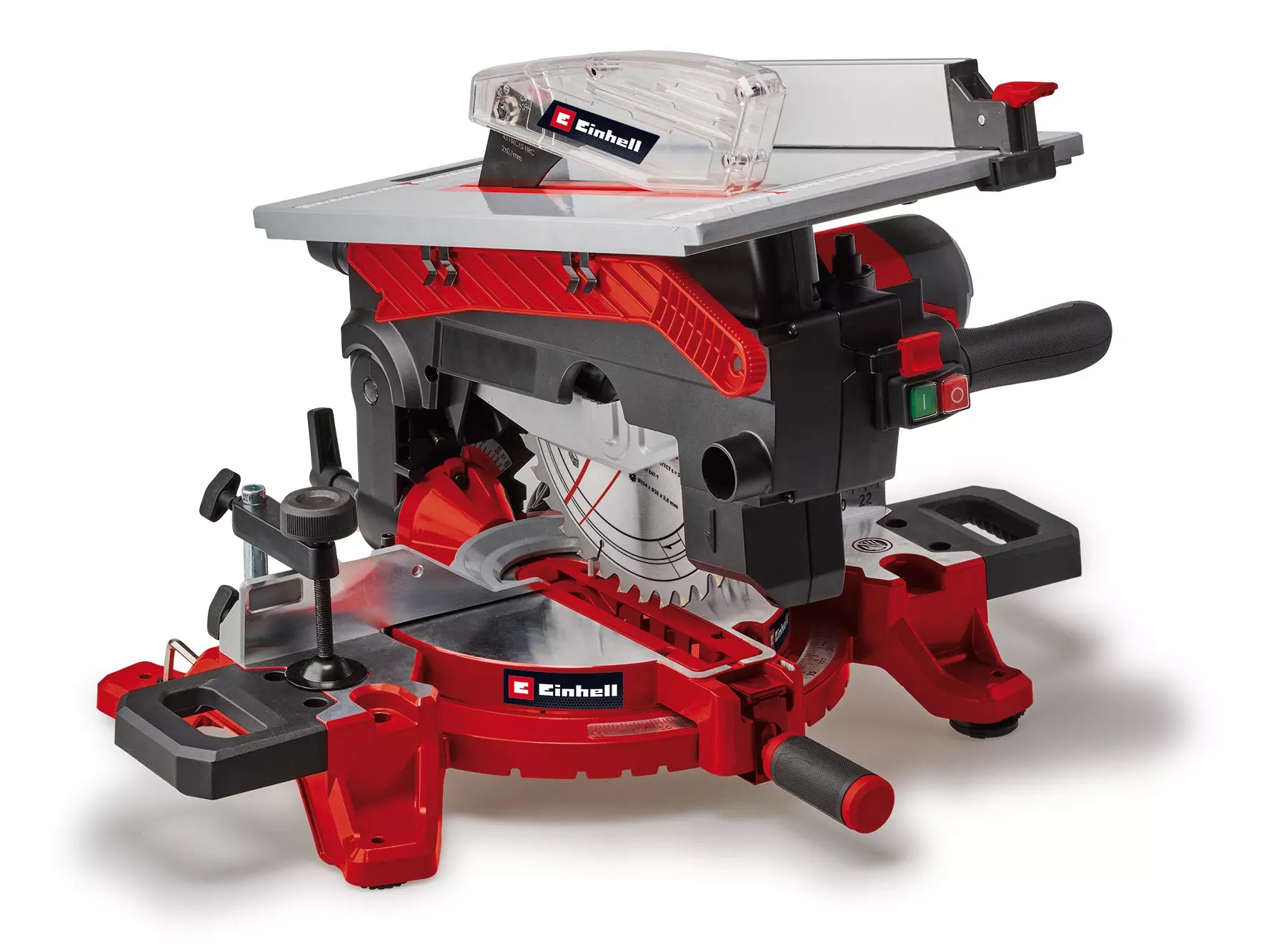La troncatrice con piano superiore TE MS 254 T di Einhell con struttura robusta in rosso e nero, dotata di banco rotante, lama in metallo duro da 254 mm e sistema di conversione da troncatrice a sega circolare. | Dematteis.it
