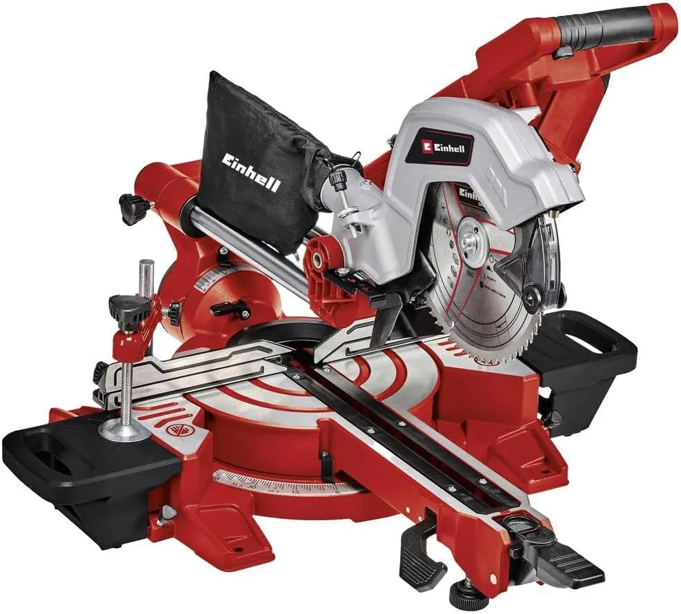 Troncatrice radiale TE-SM 216 Dual Einhell con motore da 1800W, lama di precisione da 216mm, laser integrato, base regolabile e sistema di raccolta polveri per tagli perfetti nei progetti fai-da-te. | Dematteis.it