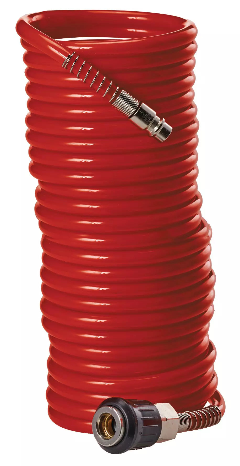 Tubo a spirale Einhell rosso da 8 metri con connettori preinstallati, realizzato in resistente materiale PU, ideale per applicazioni pneumatiche con pressione fino a 10 bar. | Dematteis.it