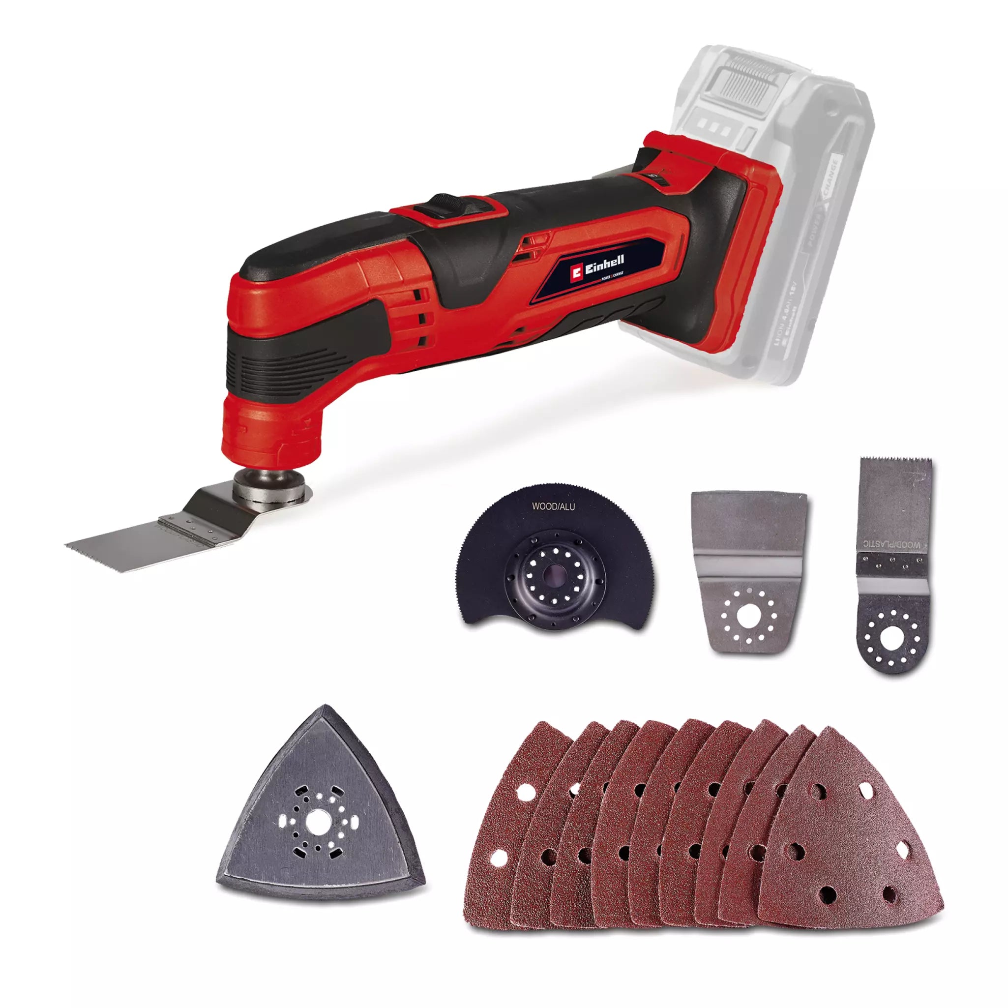 Utensile multifunzione TC-MG 18 Li di Einhell, elettroutensile versatile a batteria con accessori inclusi: piastra abrasiva triangolare, fogli abrasivi, lame e raschietto per lavori di precisione. | Dematteis.it