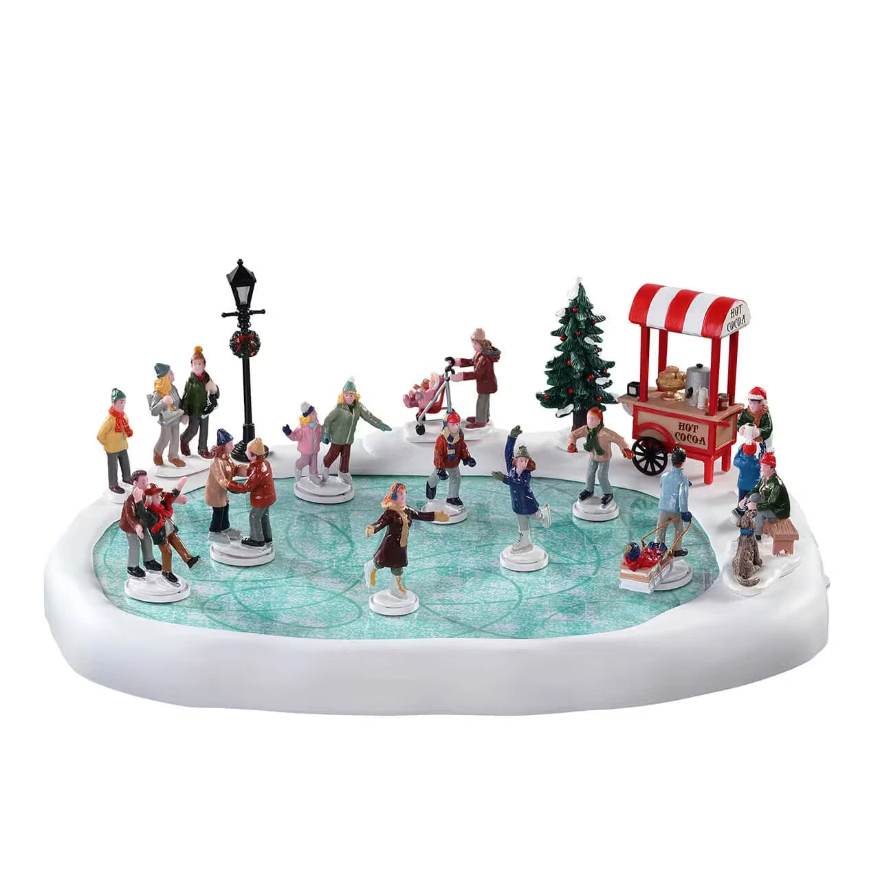 Laghetto di Pattinaggio Lemax con otto personaggi che pattinano, lampione natalizio e albero per Villaggio di Natale Lemax, Village Skating Pond | Dematteis.it